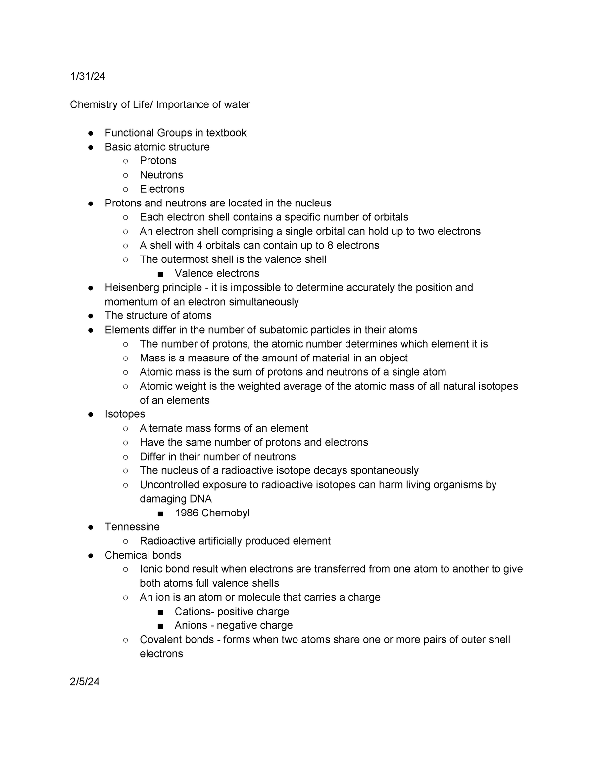 Bio 160 Lecture Notes Exam 1 1 31 Chemistry Of Life Importance Of