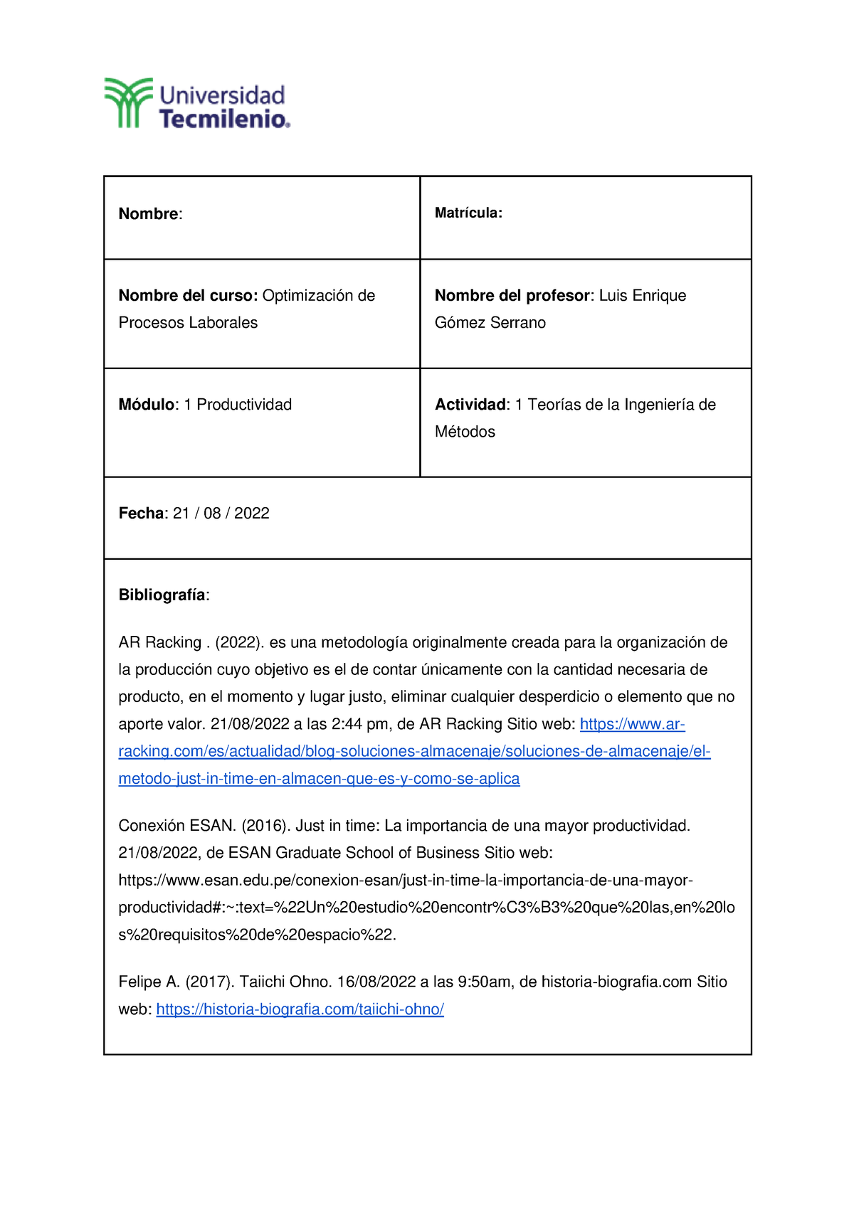 Actividad 1 Optimizacion De Procesos - Nombre : Matrícula: Nombre Del ...