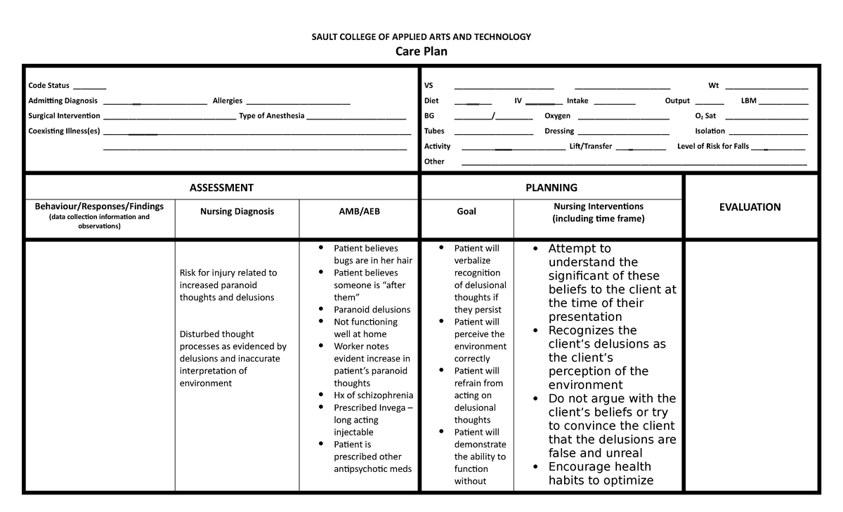 Care Plan For Psych BSCN2144 StuDocu
