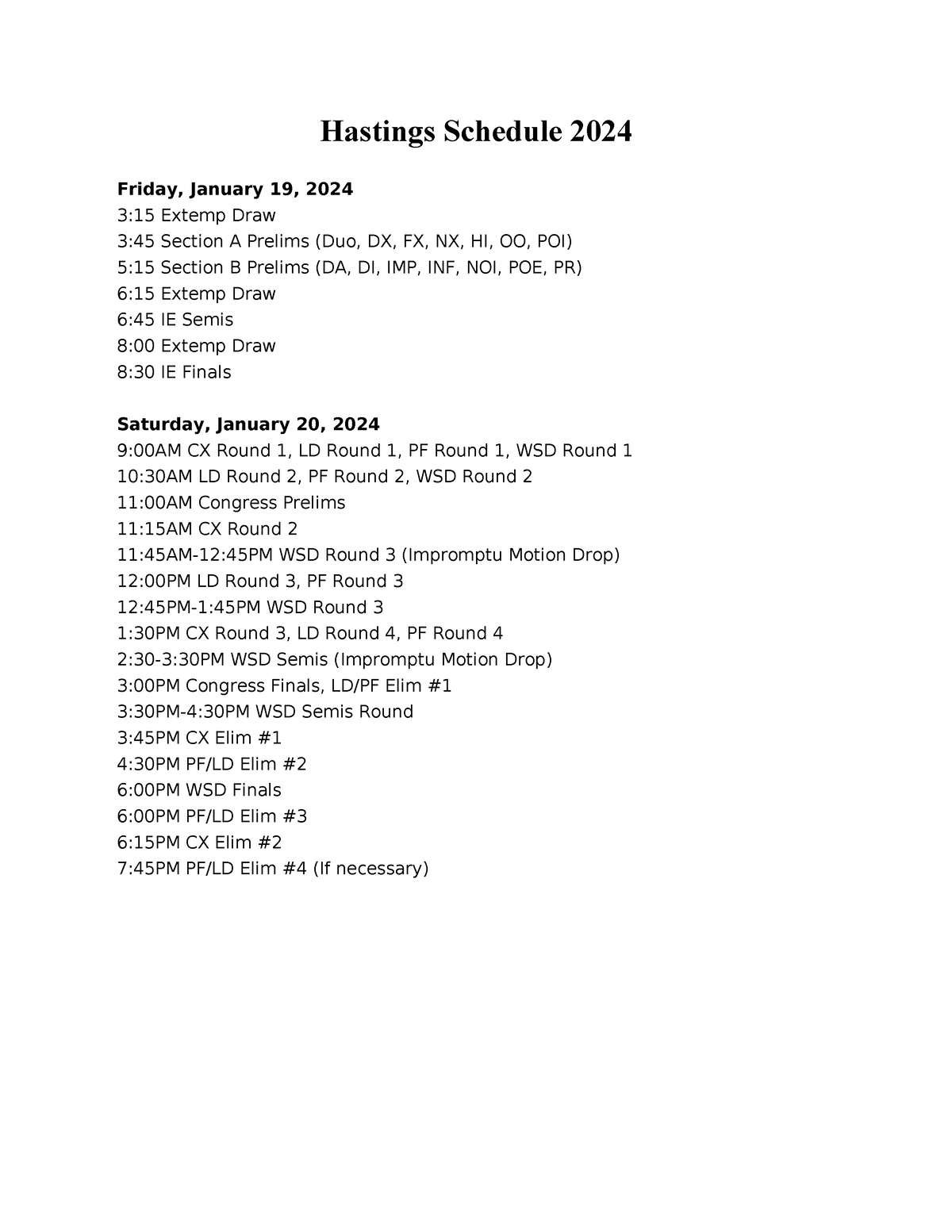 Hastings Schedule 2024 3 Hastings Schedule 2024 Friday, January 19