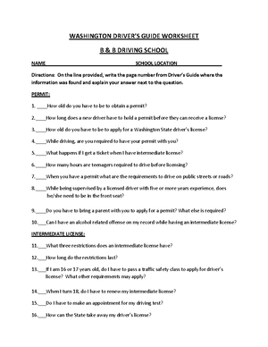 Driver's Guide Worksheet 38242023043831 - WASHINGTON DRIVER'S GUIDE  WORKSHEET B & B DRIVING - Studocu