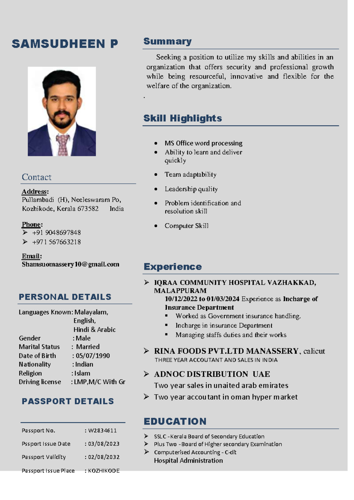 CV Format new - Nice work - SAMSUDHEEN P Contact Address: Pullambadi (H ...