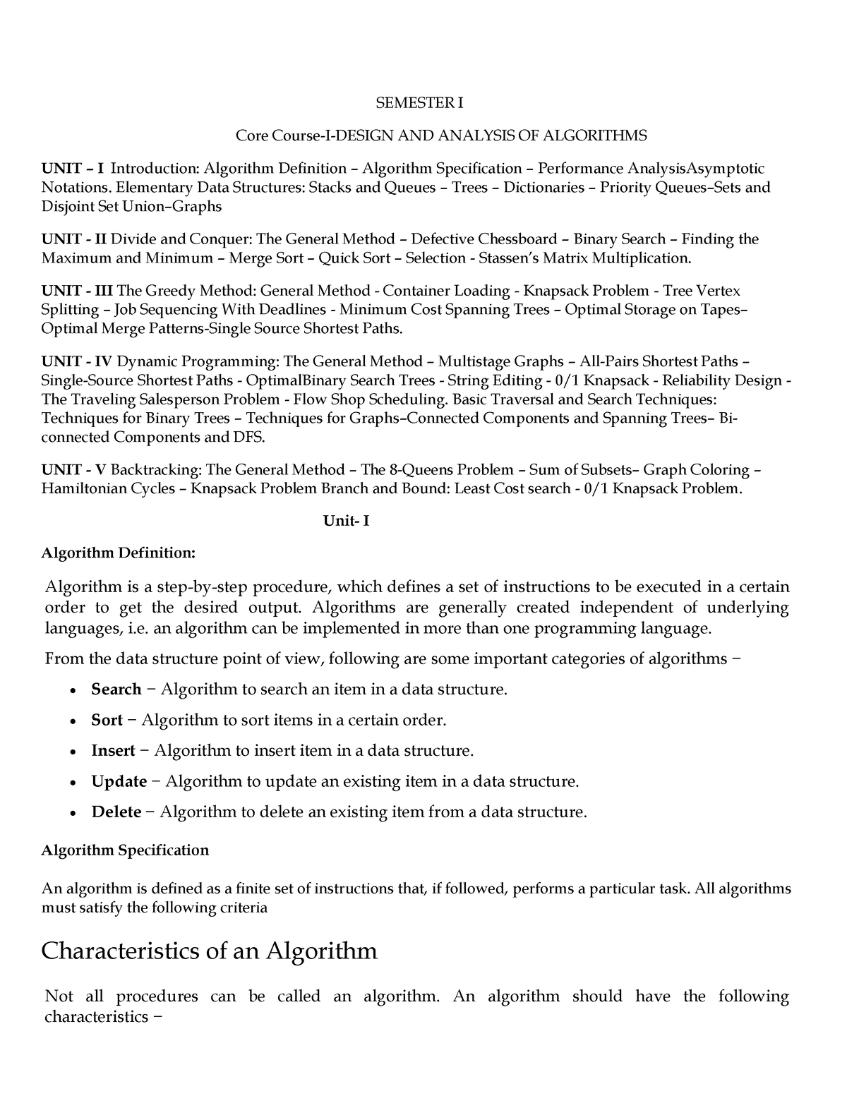 DAA - desing and analysis of algorithm - SEMESTER I Core Course-I ...