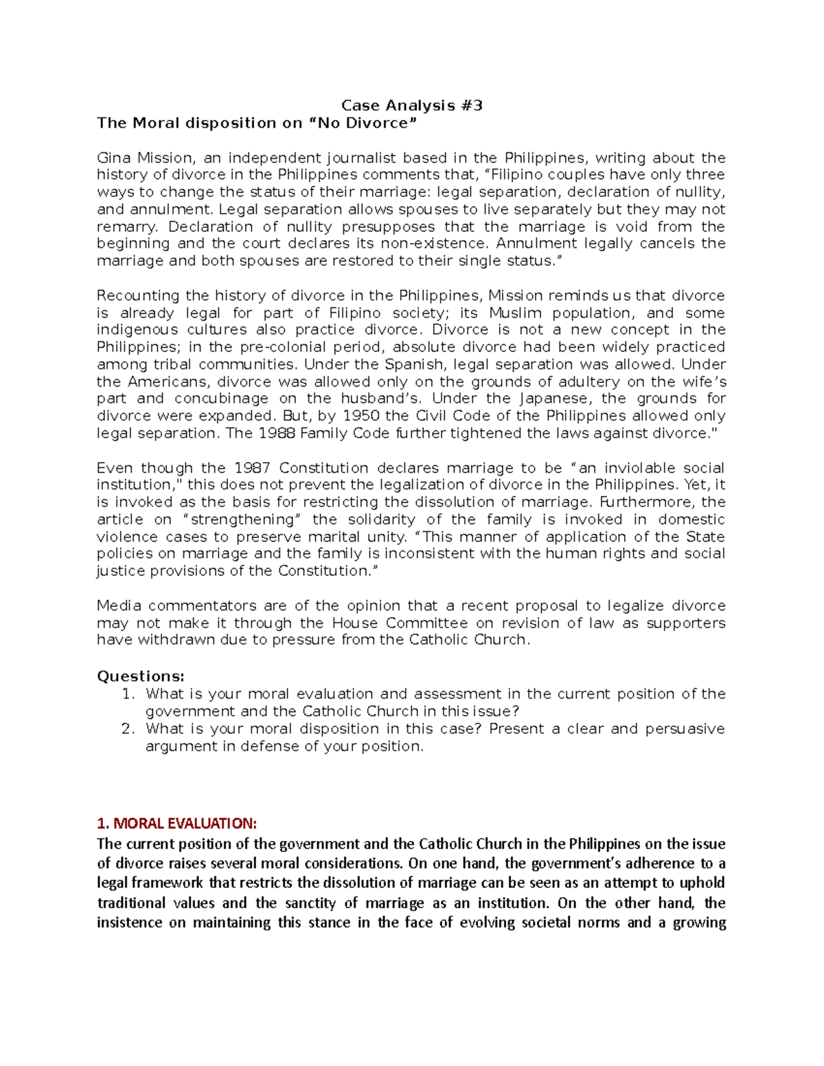 CaseAnalysis 3 ETHICS Case Analysis The Moral disposition on “No