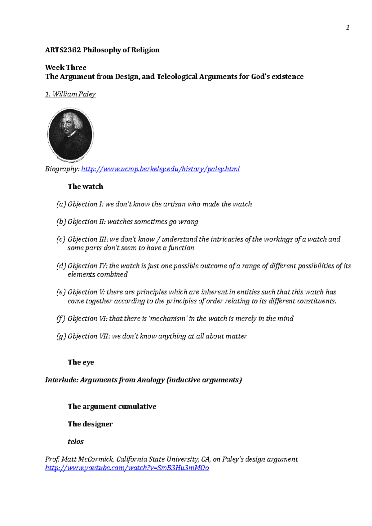 Argument from Design notes - ARTS2382 Philosophy of Religion Week Three ...