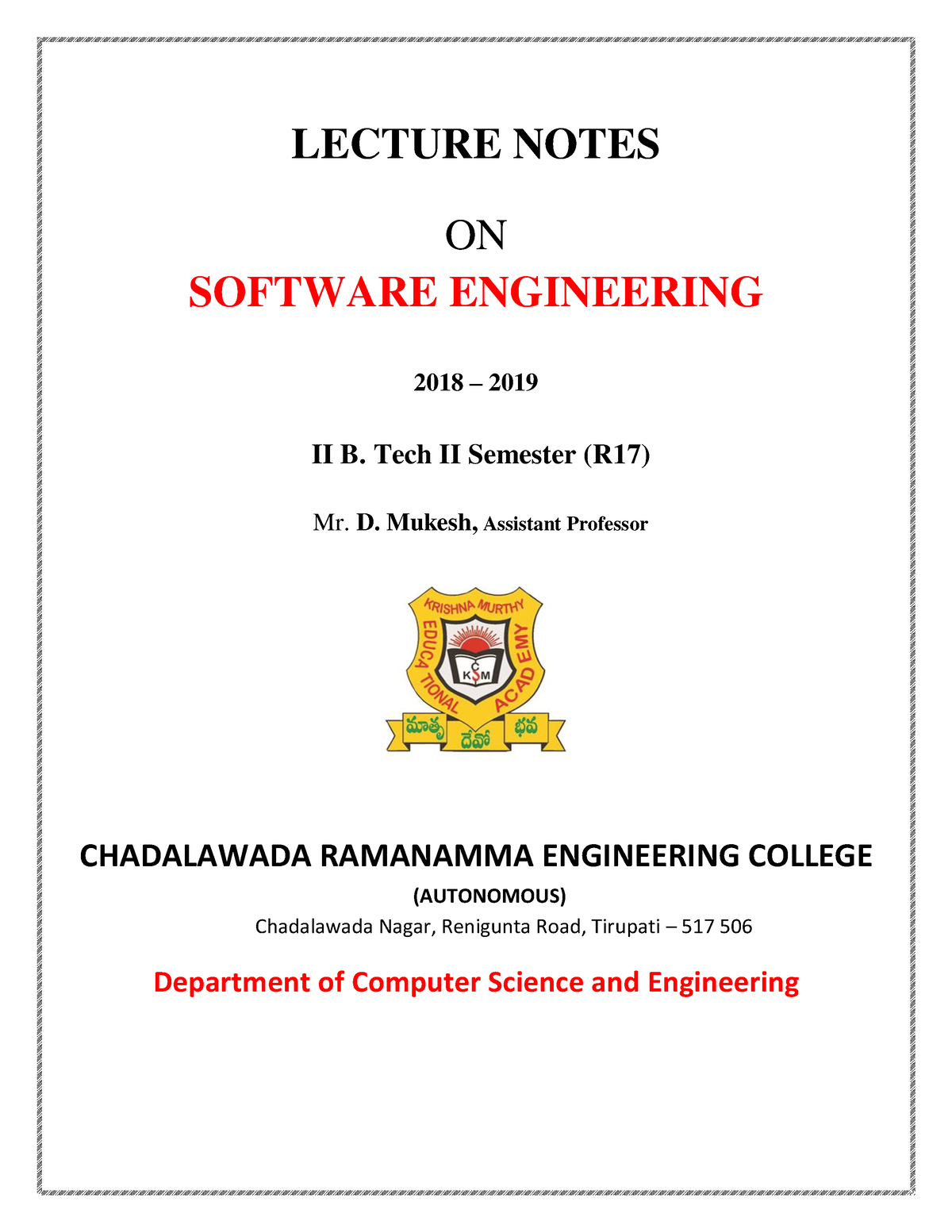 Software Engineering Notes 1 - LECTURE NOTES ON SOFTWARE ENGINEERING ...