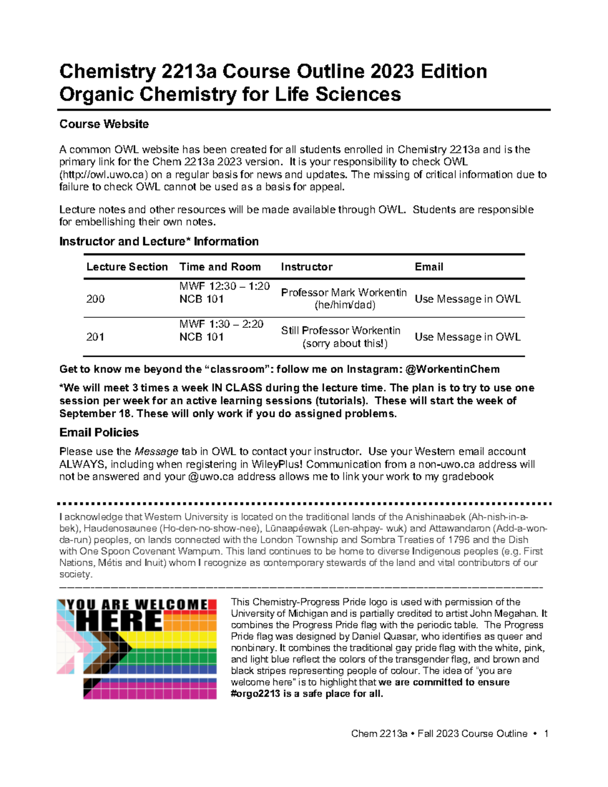 2213a Courseoutline Fall 2023 2 - Chemistry 2213a Course Outline 2023 ...