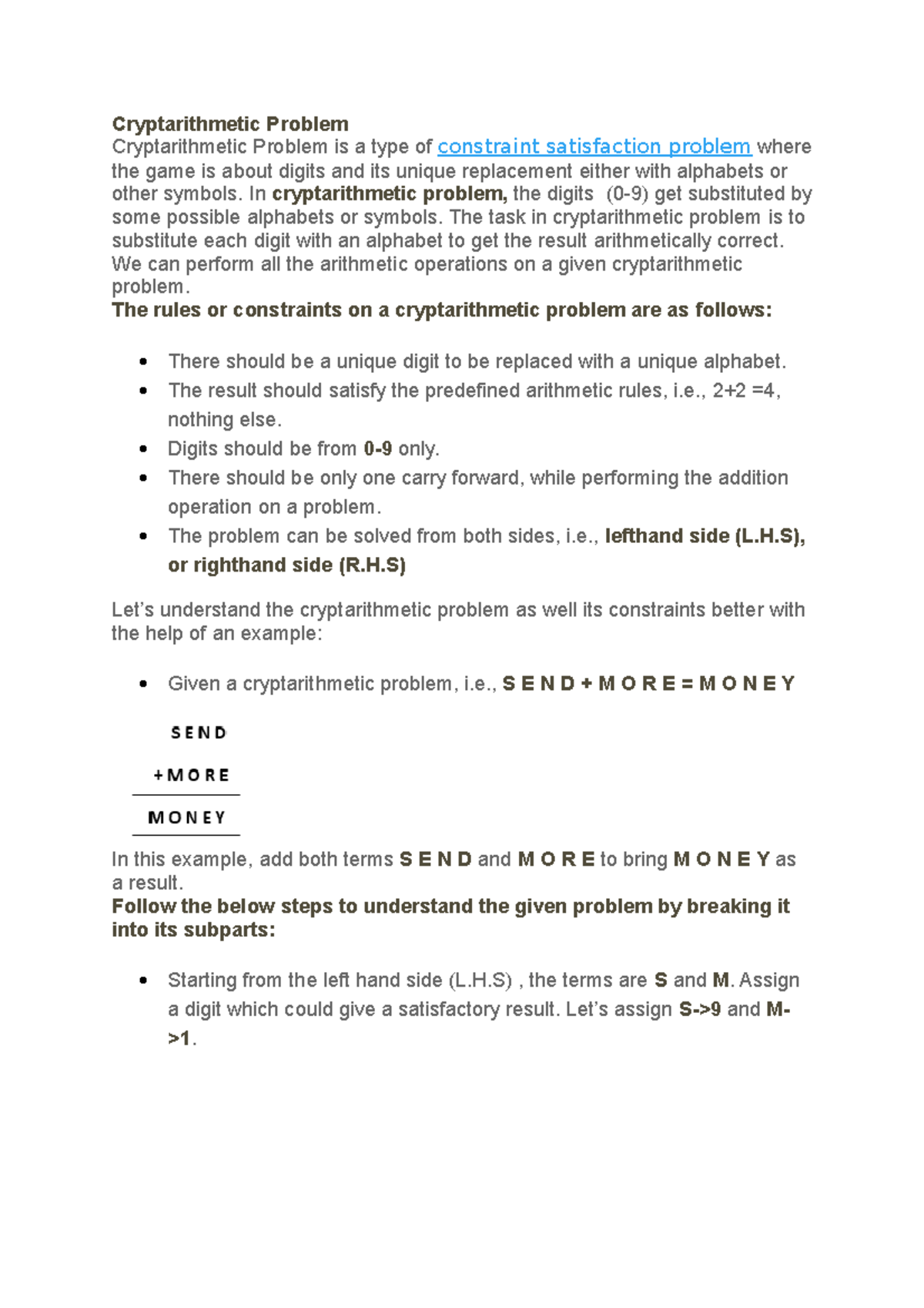Cryptarithmetic - In cryptarithmetic problem, the digits (0-9) get ...