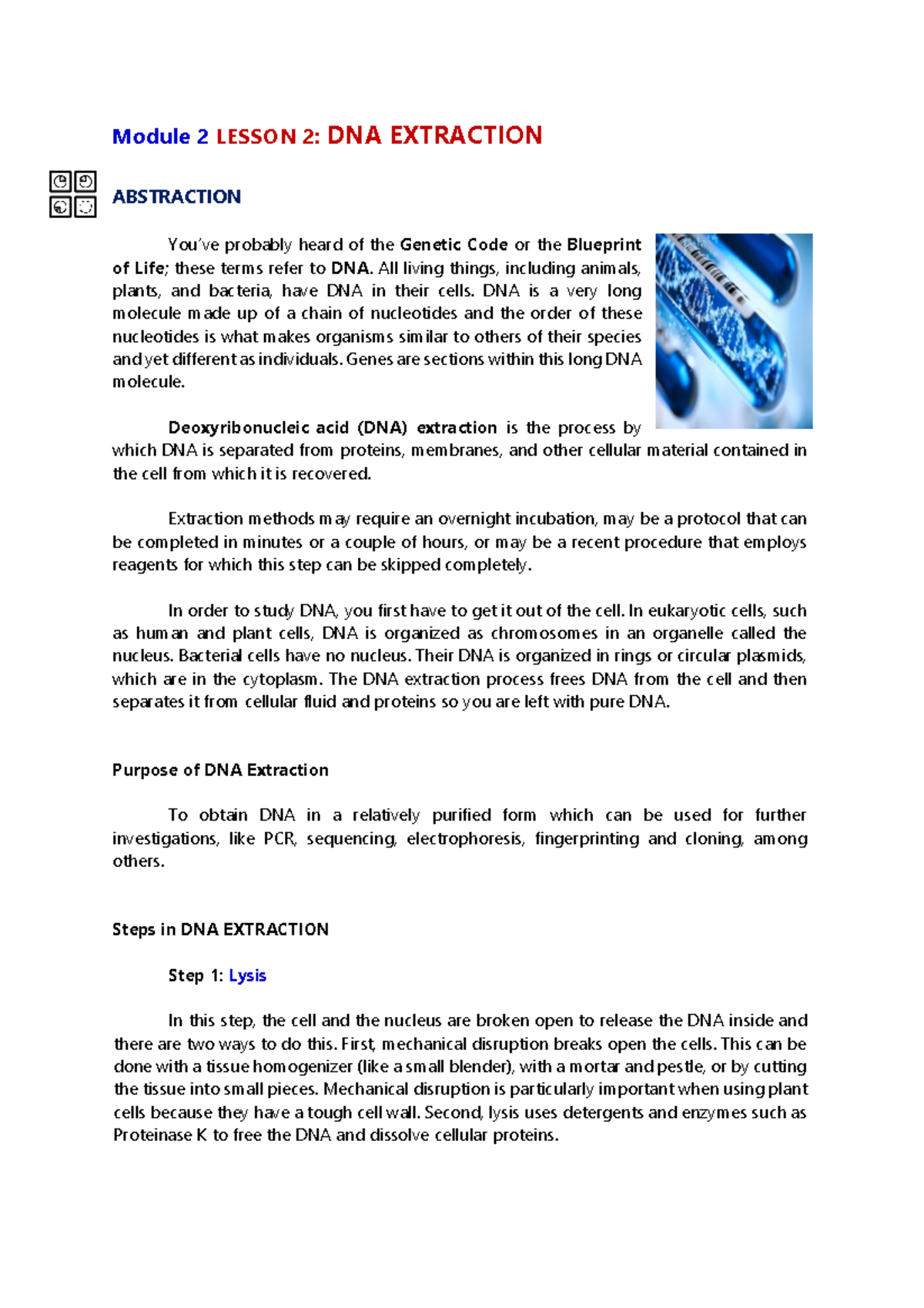 Module 2 Lesson 2 DNA Extraction - Module 2 LESSON 2: DNA EXTRACTION ...