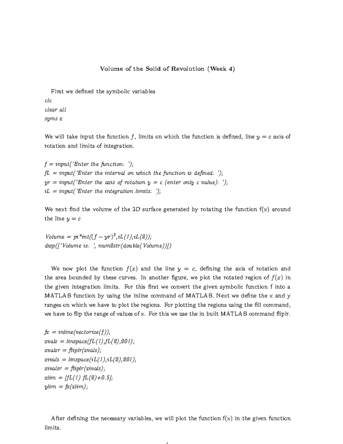 Week 4 document - matlab materials - Volume of the Solid of Revolution ...