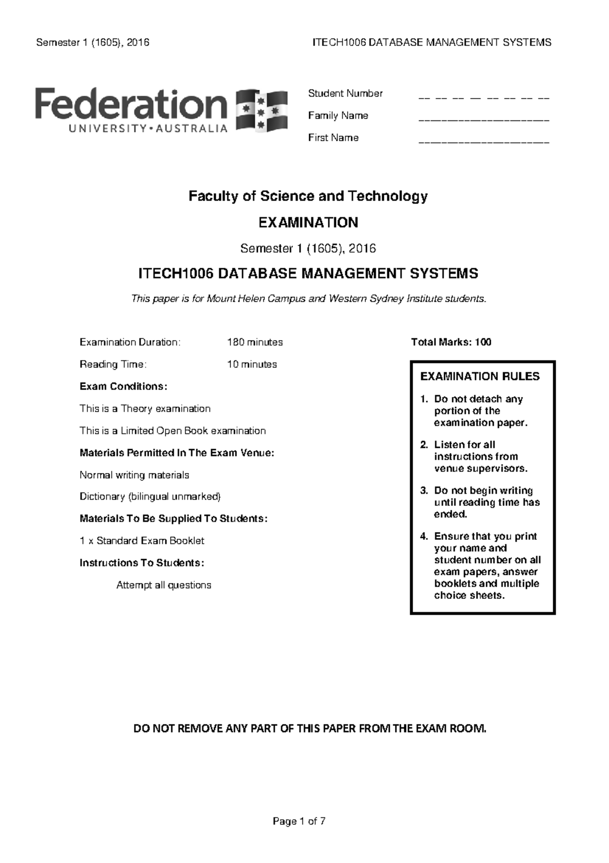 ITECH1006 DATABASE MANAGEMENT SYSTEMS Exam - Studocu