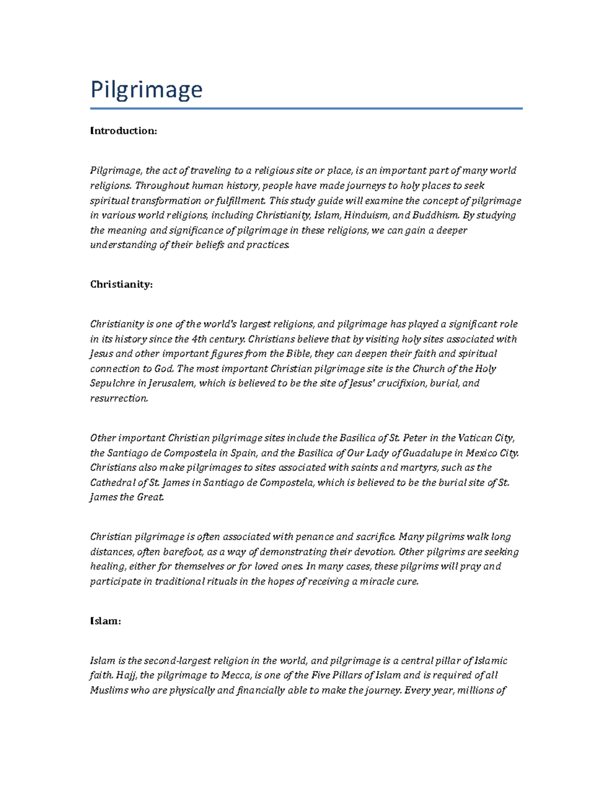 Pilgrimage - World Religions (REL 102) Lecture notes - Pilgrimage ...