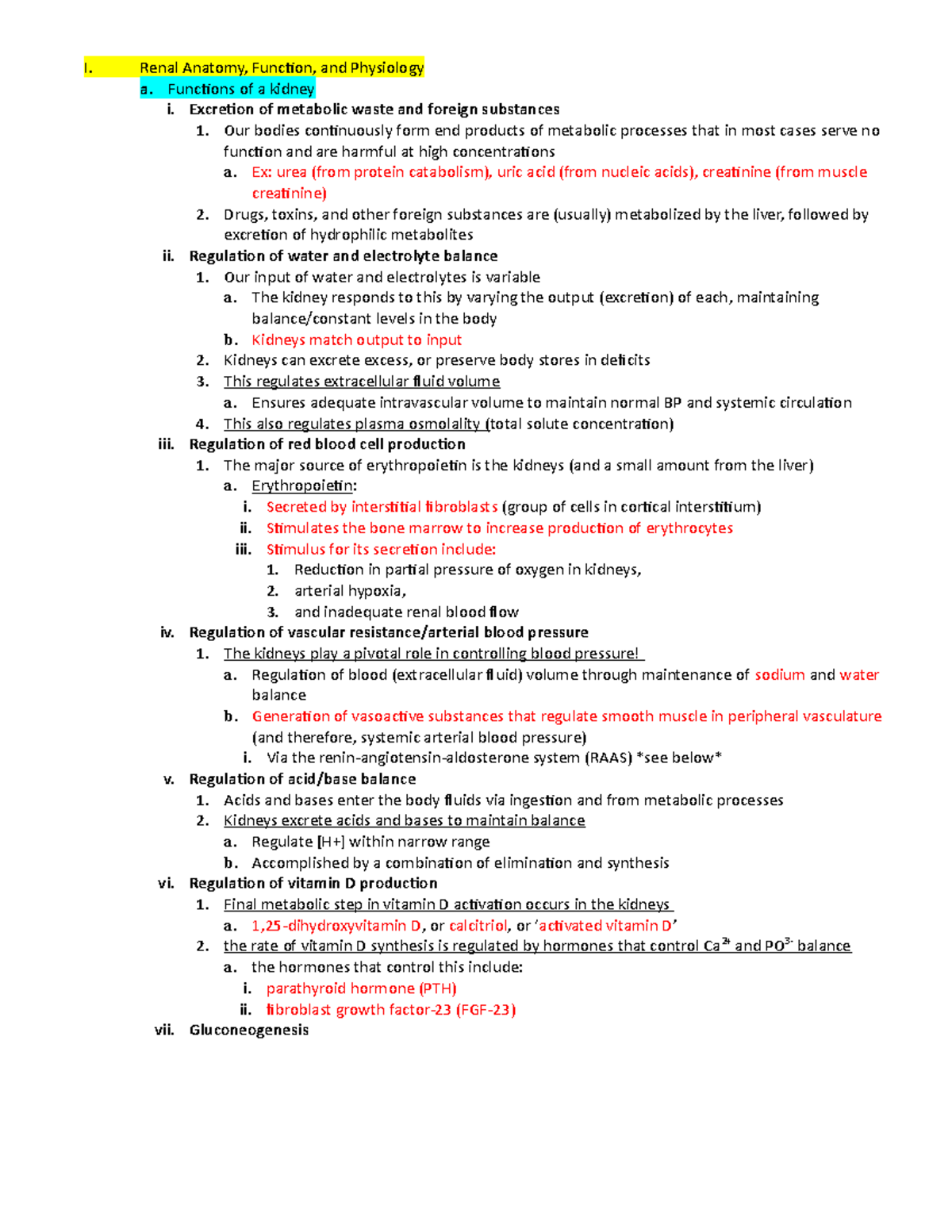 Renal Study Guide I. Renal Anatomy, Function, and Physiology a