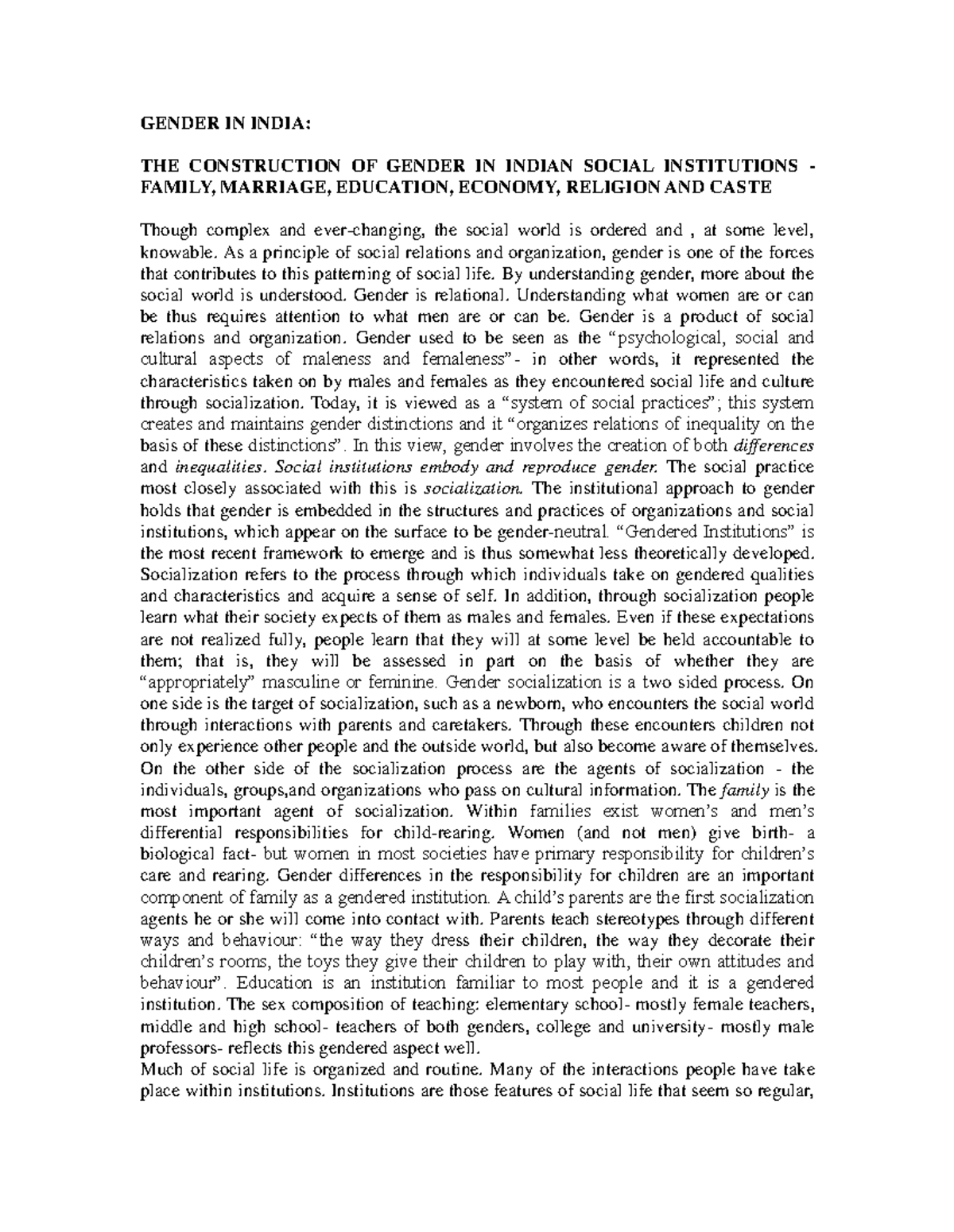 THE Construction OF Gender IN Indian Social Institutions Family ...