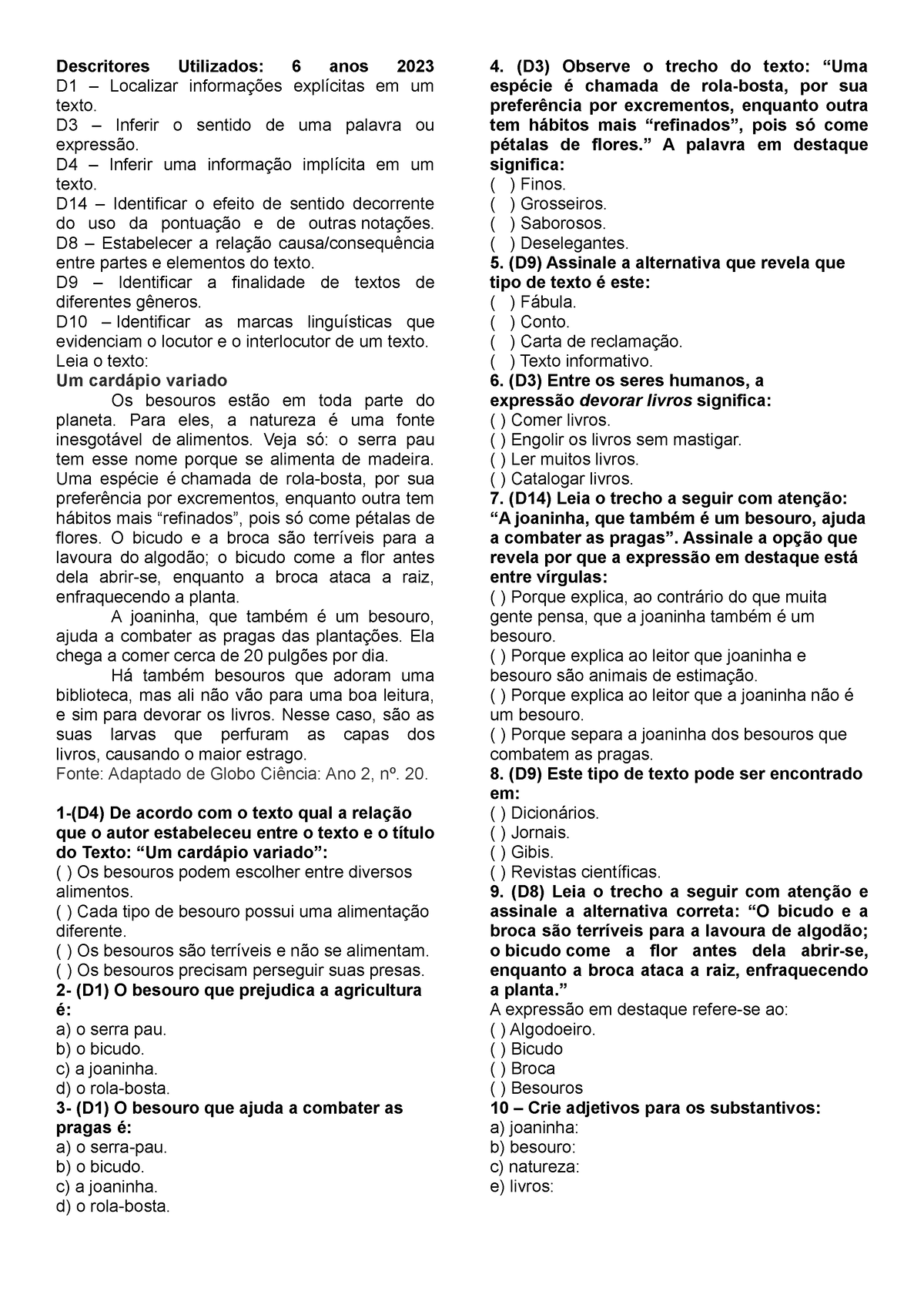 O Besouro 6 Ano Descritores Utilizados 6 Anos 2023 D1 Localizar Informações Explícitas Em 4743