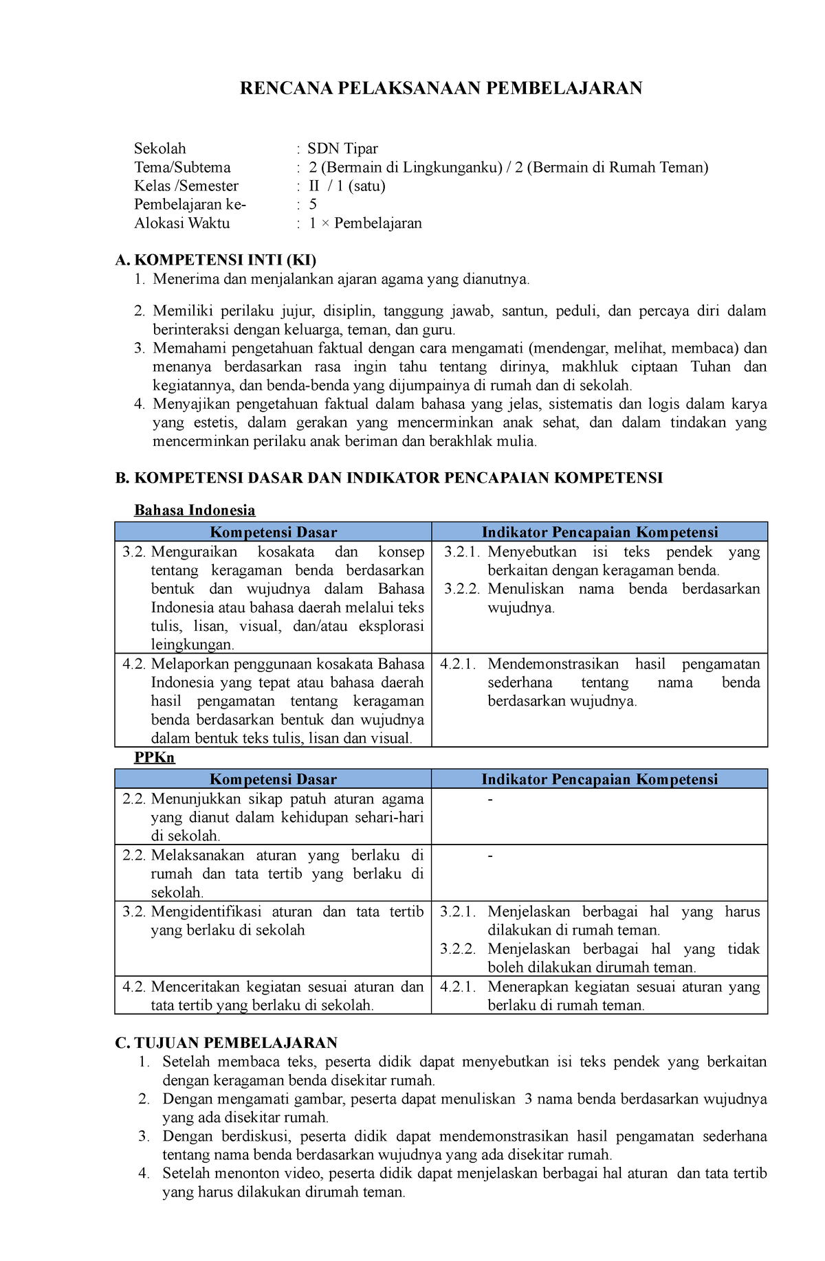 2. RPP KLS.2 TM.2 SB.2 PB - RENCANA PELAKSANAAN PEMBELAJARAN Sekolah ...