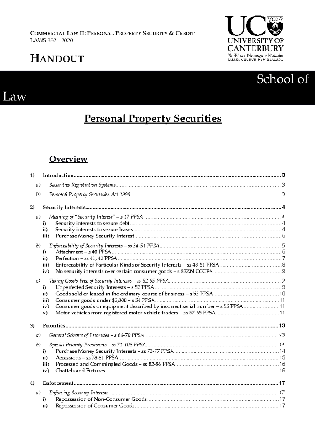 PPSA Handout (2020) COMMERCIAL LAW II PERSONAL PROPERTY SECURITY