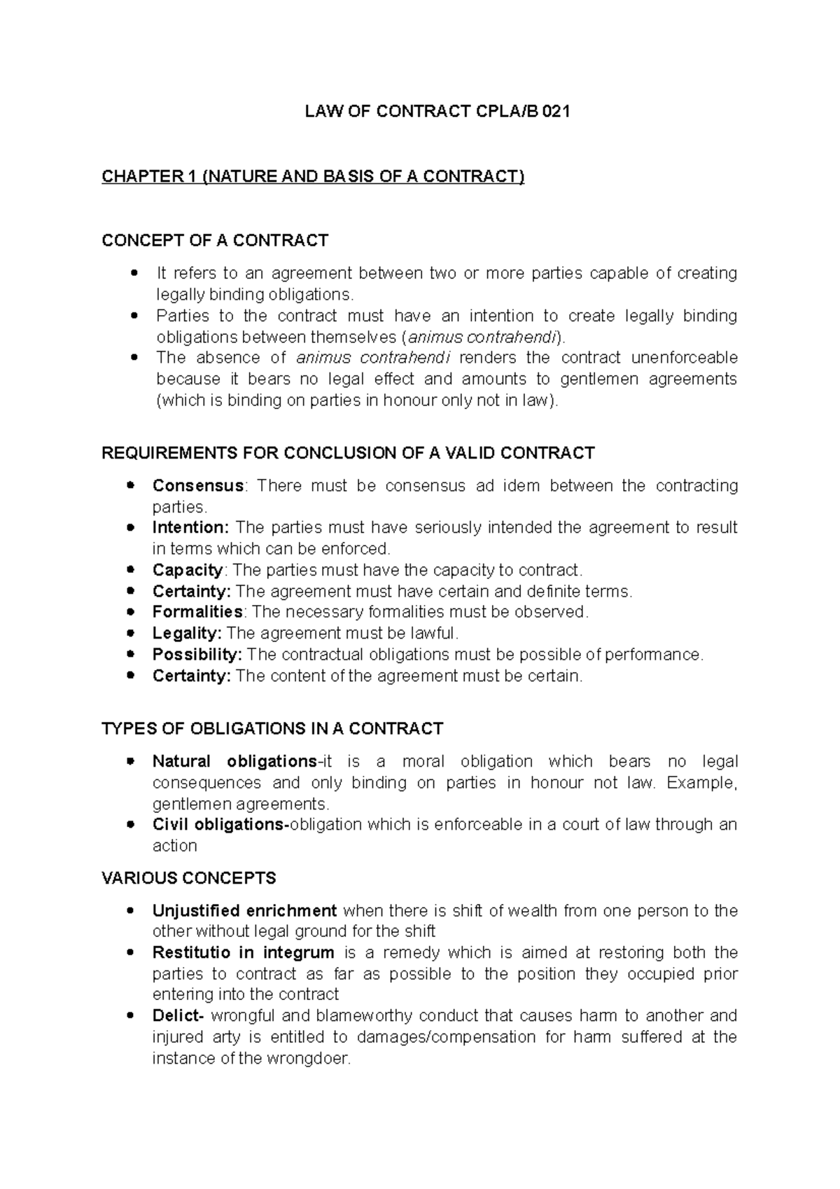 LAW OF Contract CPLA notes - LAW OF CONTRACT CPLA/B 021 CHAPTER 1 ...