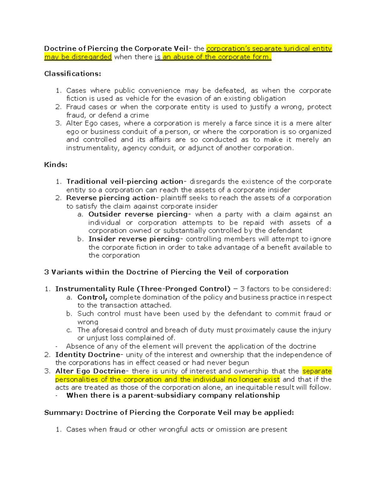 Piercing the Corporate Veil Cases Doctrine of Piercing the Corporate