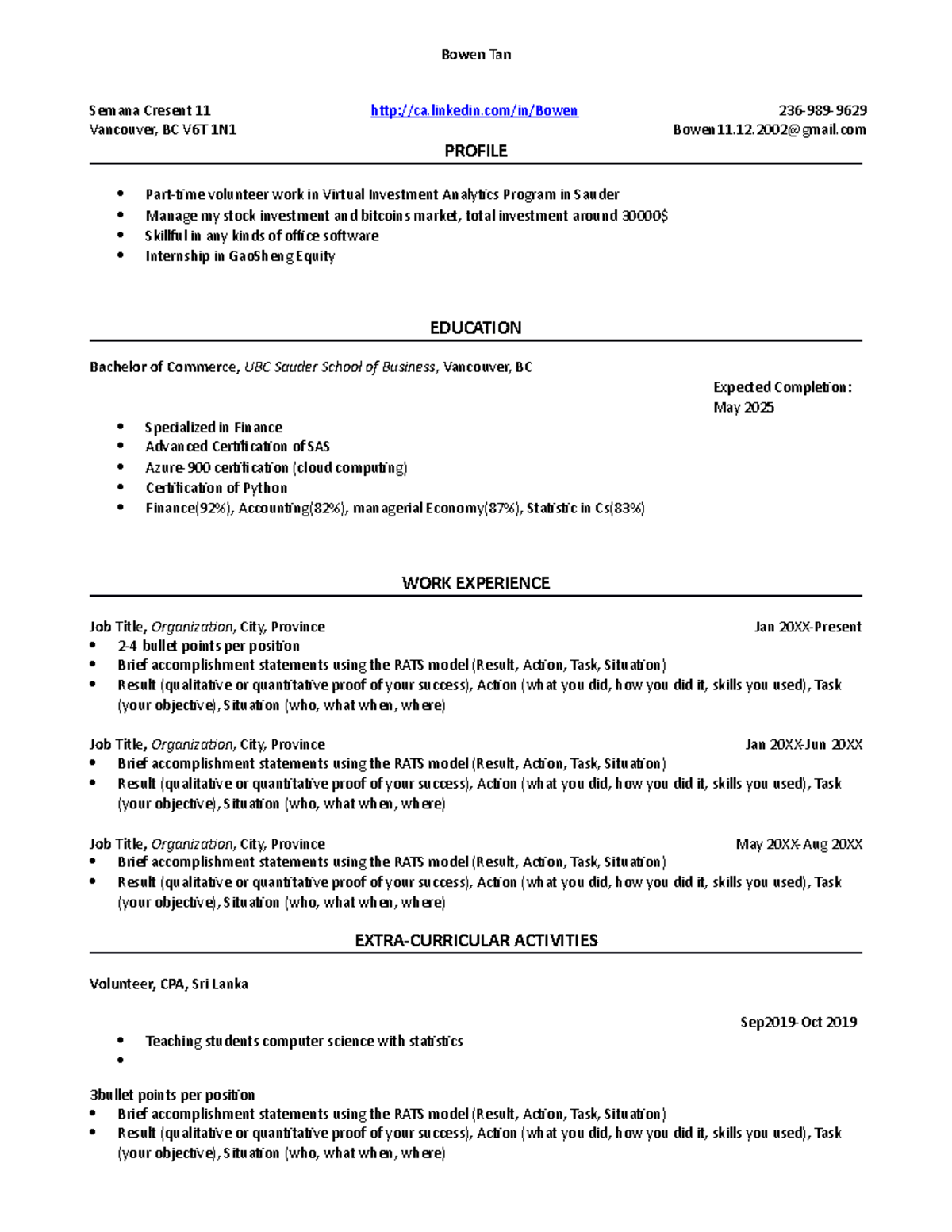 Ubc sauder bcom resume template - Bowen Tan Semana Cresent 11 ca ...