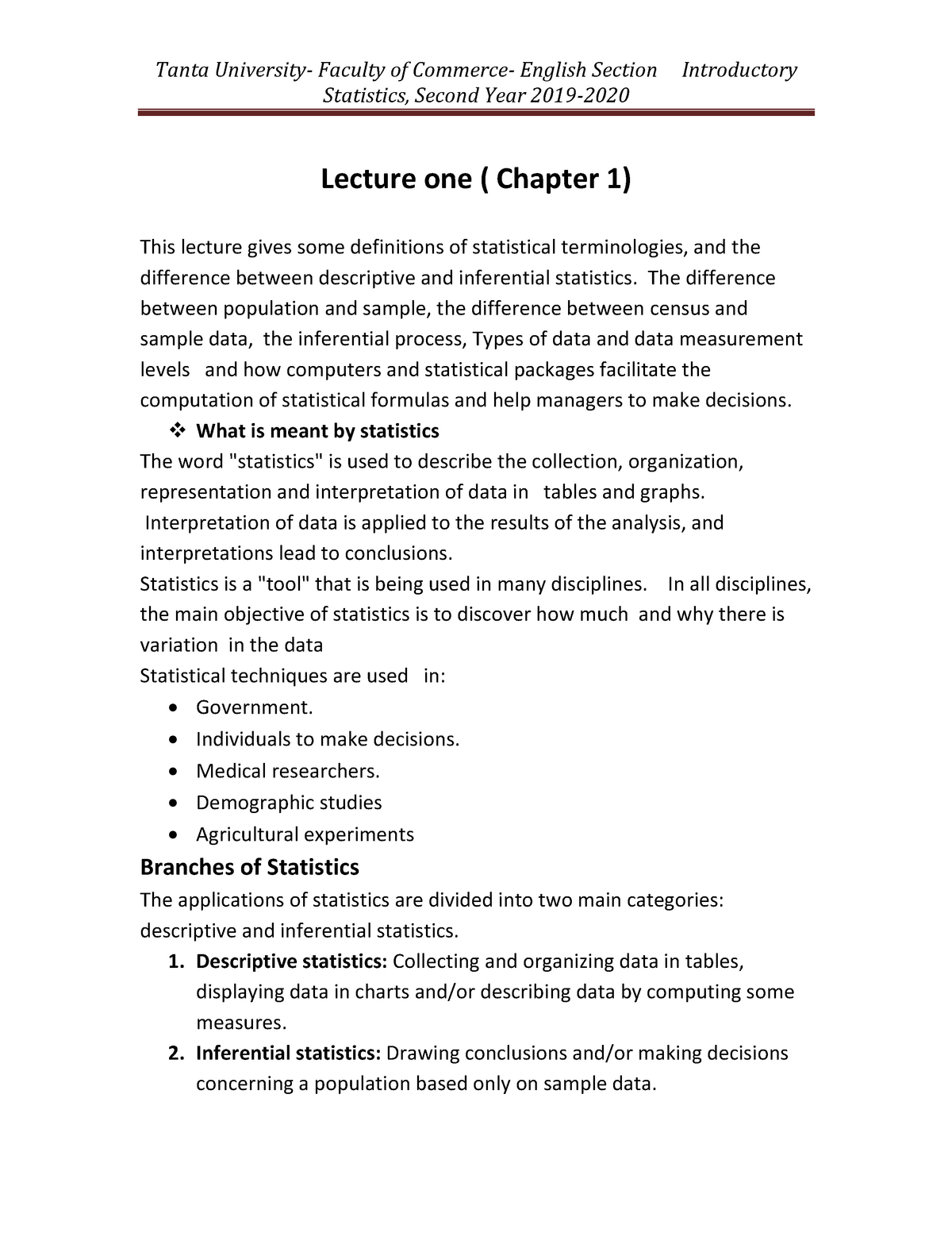 Lecture One Introductory Statistics - Statistics, Second Year 2019 ...