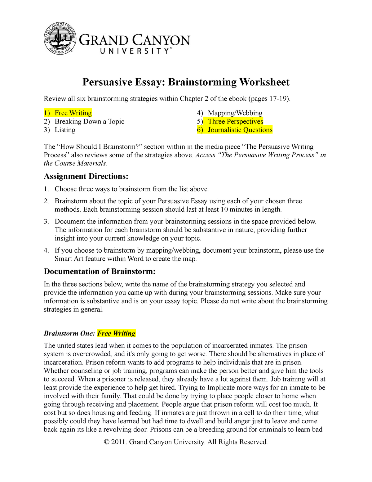 brainstorming college essay worksheet