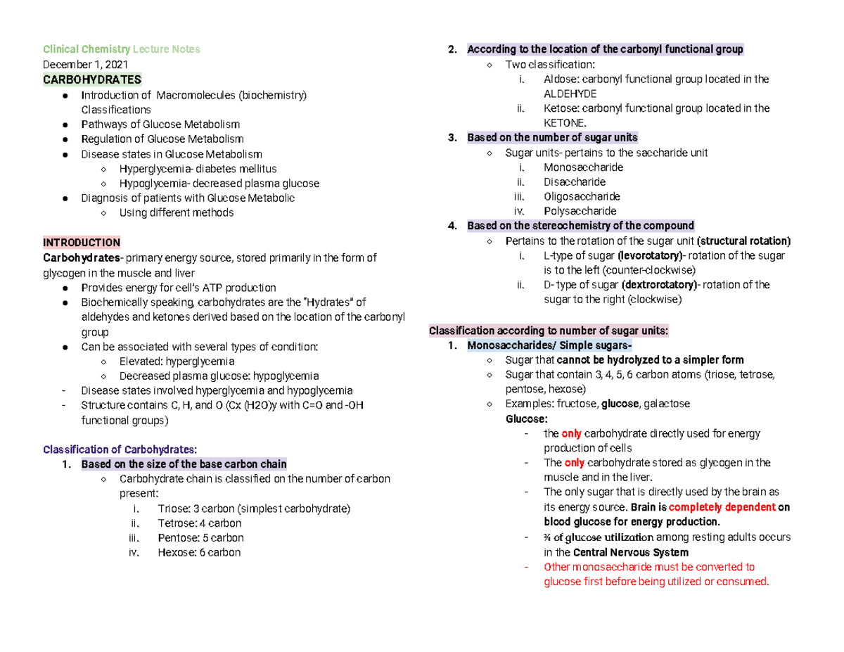CC LEC Finals Notes 1 - Clinical Chemistry Lecture Notes December 1 ...