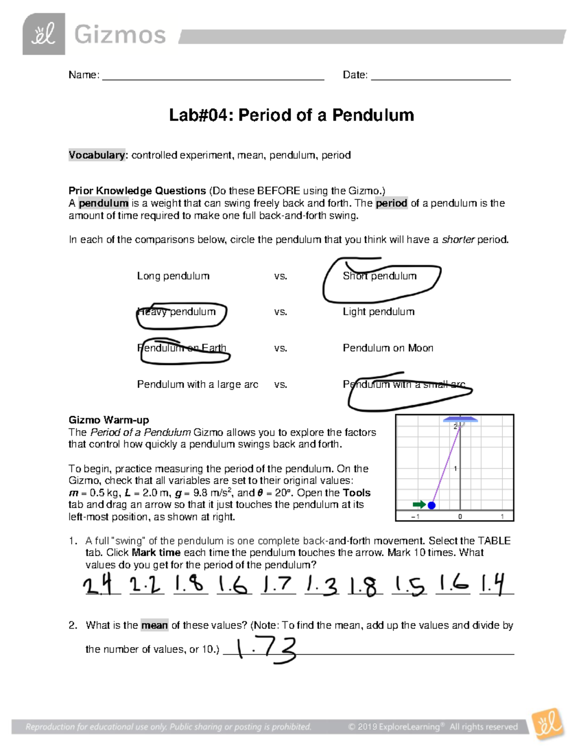 Lab04 Period of Pendulum Gizmo 2019 Name