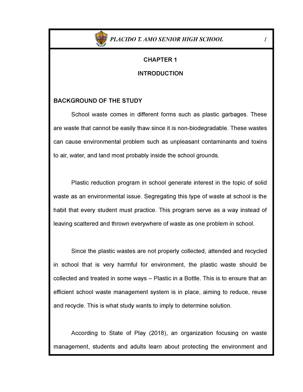 Enhance Solid Waste Management CHAPTER 1 INTRODUCTION BACKGROUND OF 