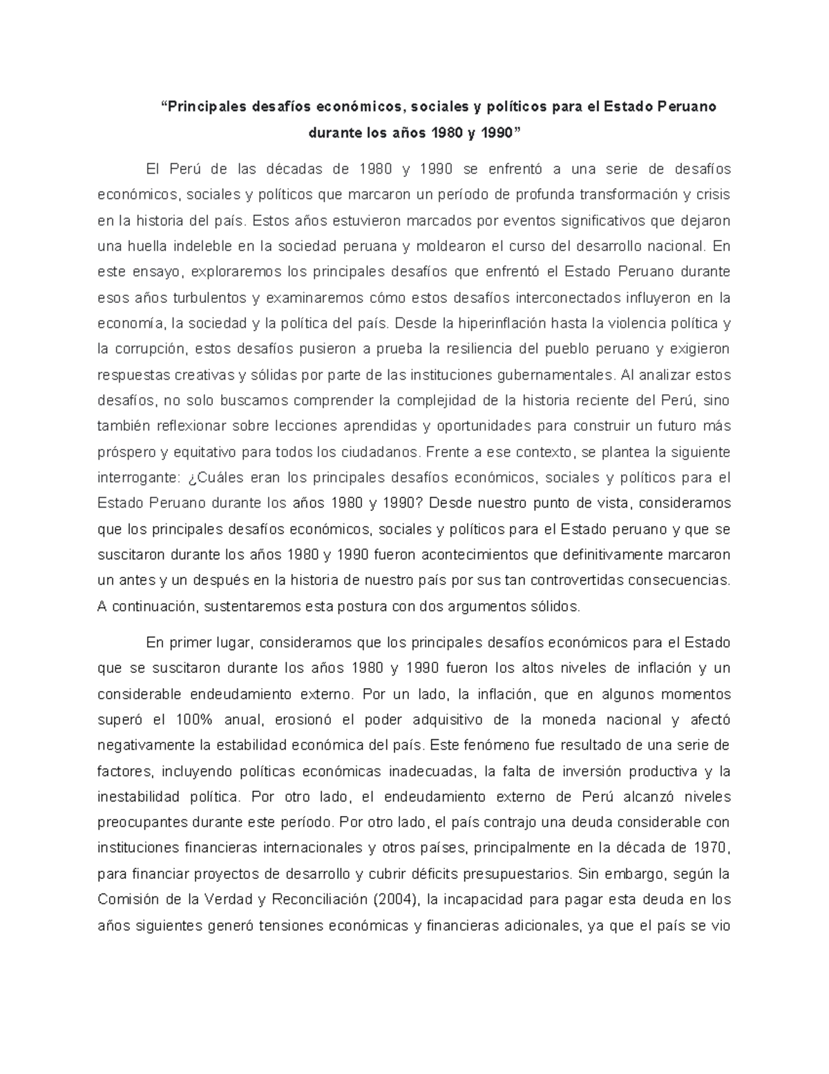 Ensayo PC2 “Principales desafíos económicos, sociales y políticos