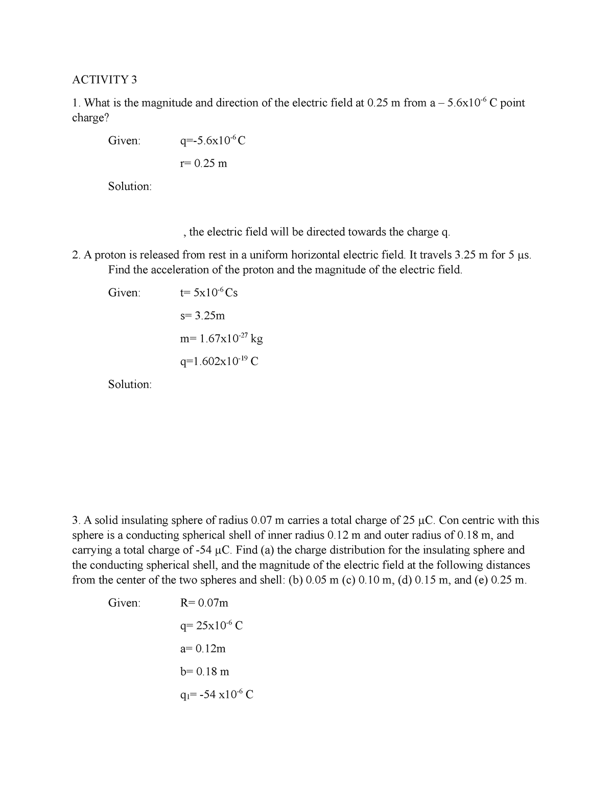 General Physics Electric Field Activity 3 and 4 - ACTIVITY 3 What is ...