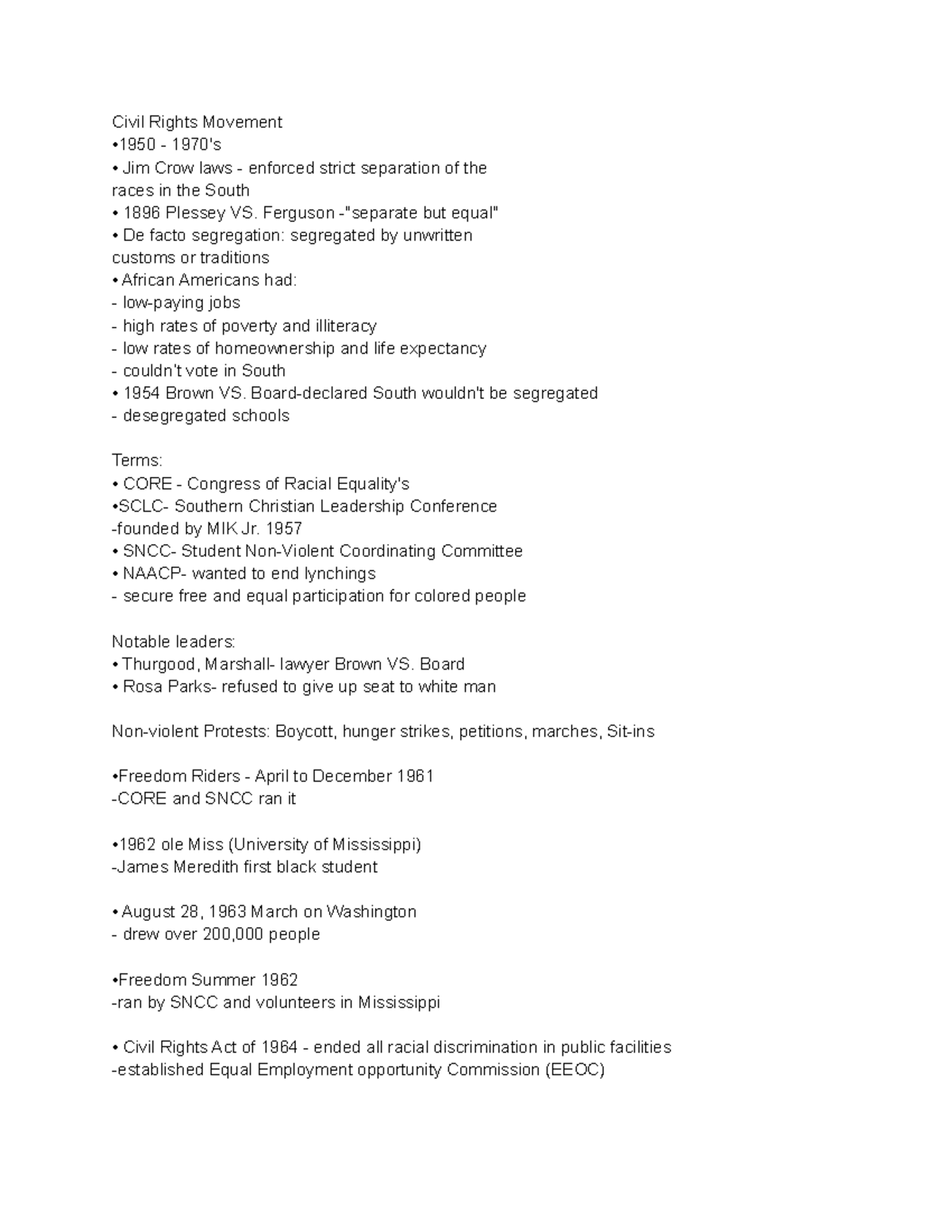 Civil Rights Movement - These notes were taken to help me study for a ...