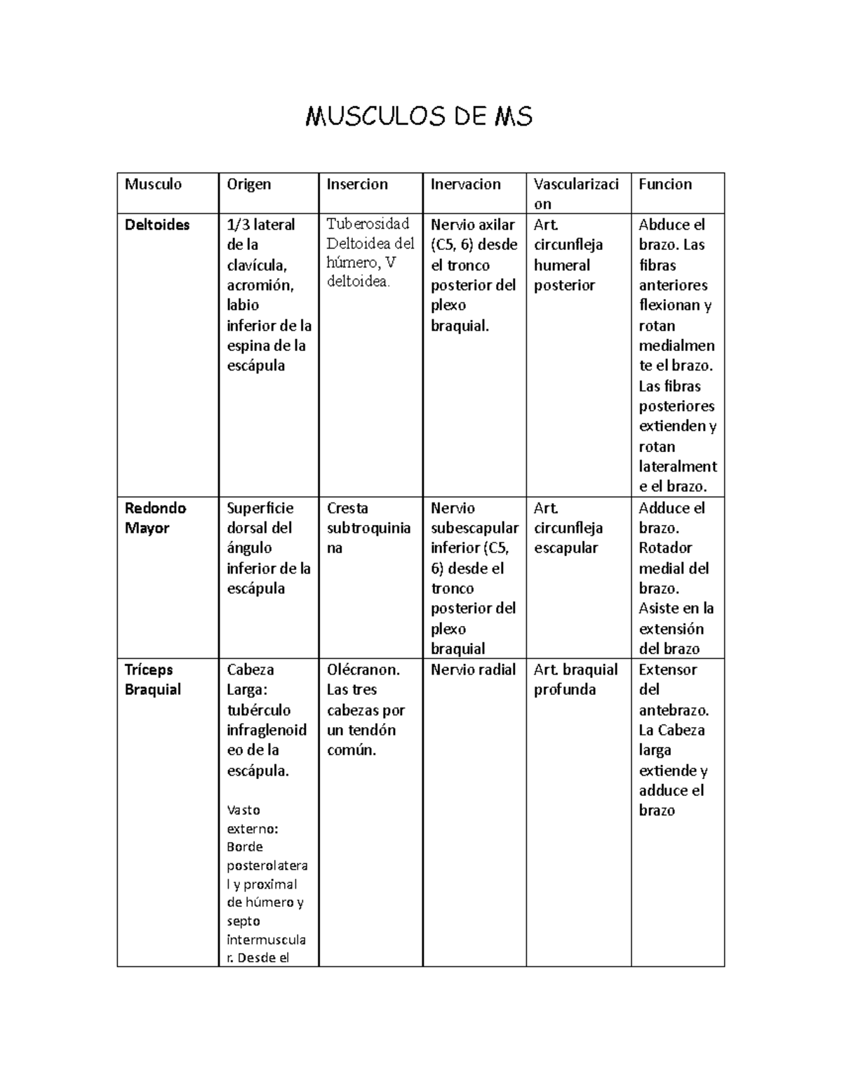 Musculos De Ms Tabla De Origen Inserci N Vascularizaci N Y Funci N Del Los M Sculos Del