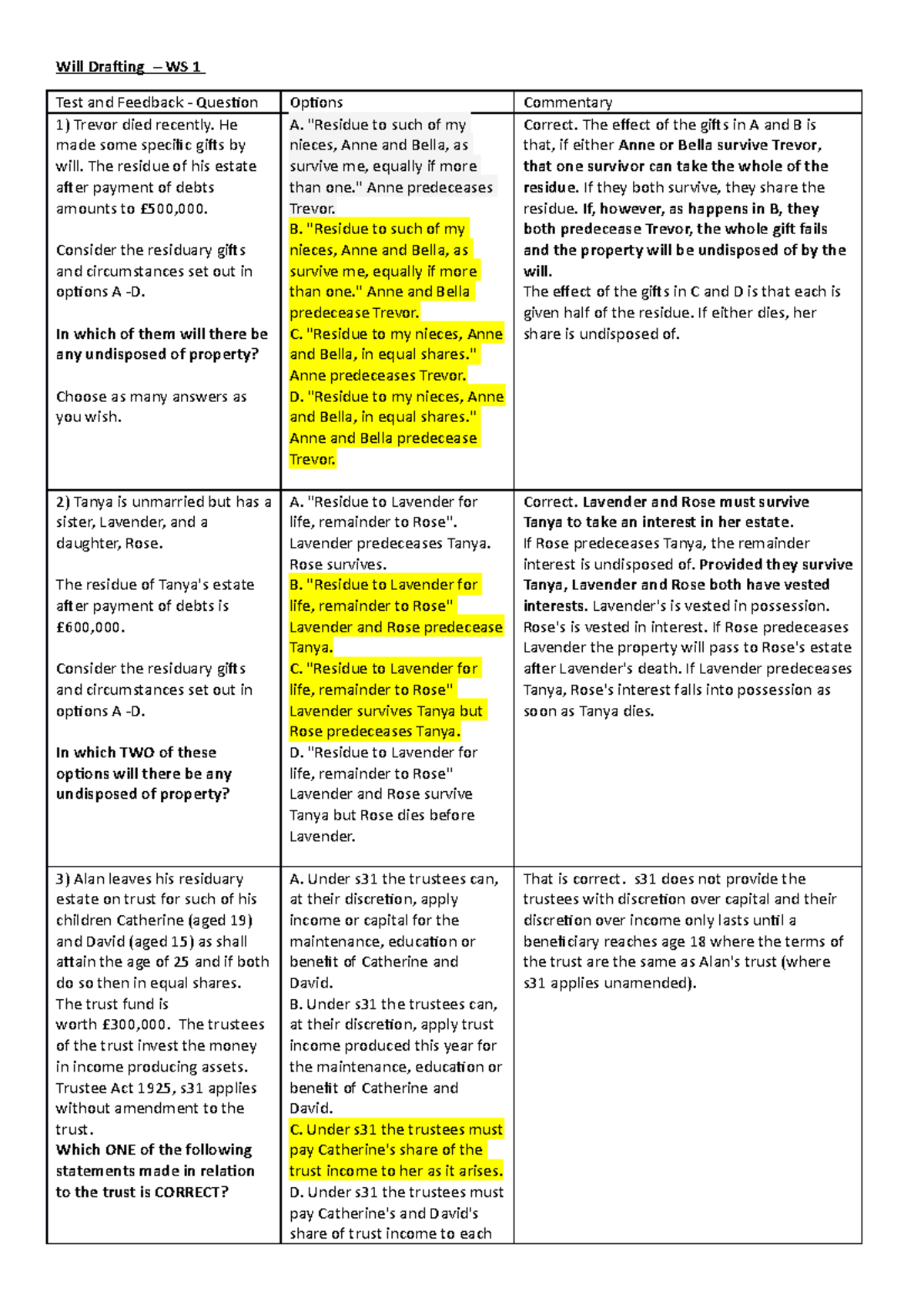 Test and Feedback Q and As - Private Client - Will Drafting – WS 1 Test ...