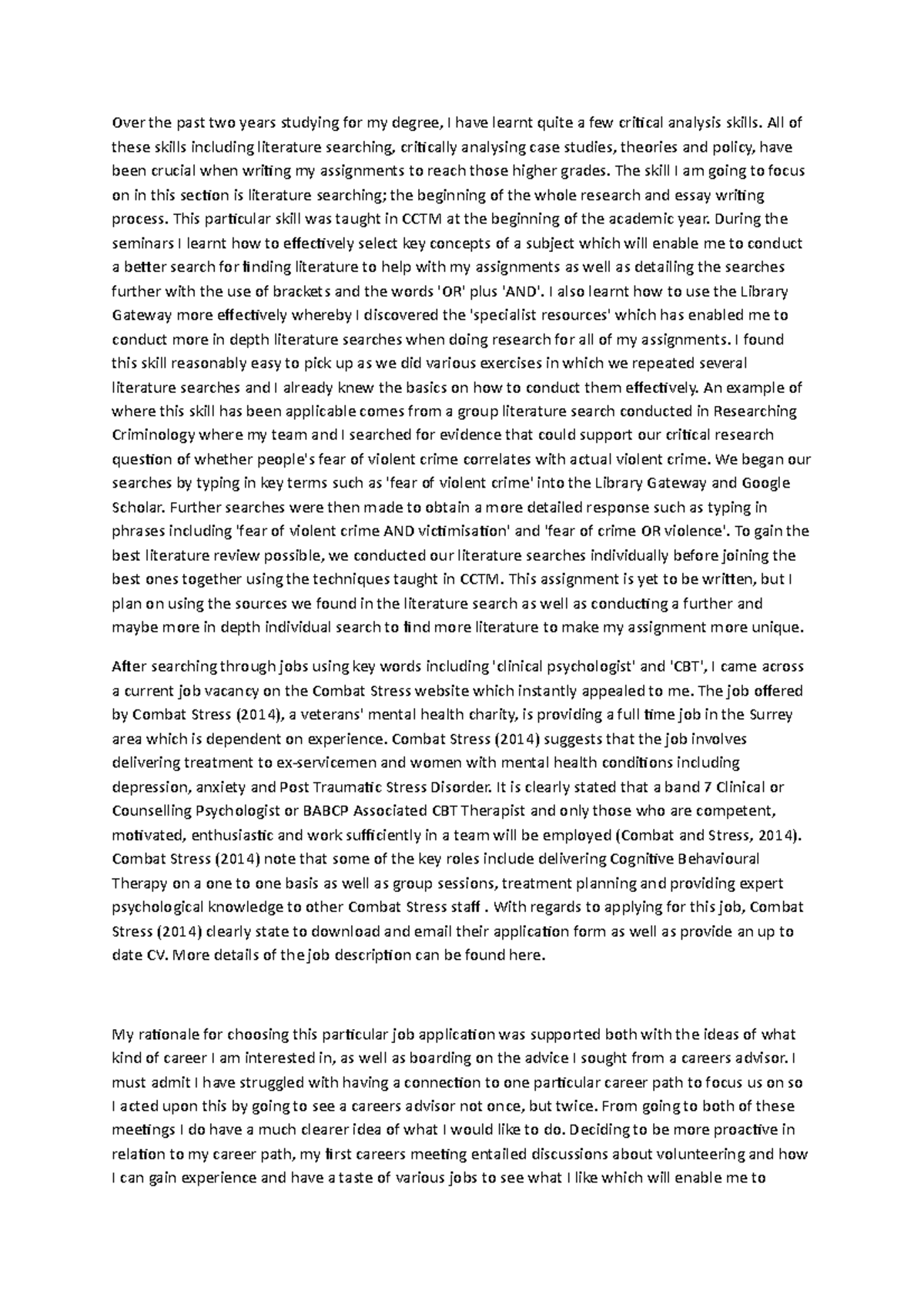 Year2 essay - Over the past two years studying for my degree, I have ...