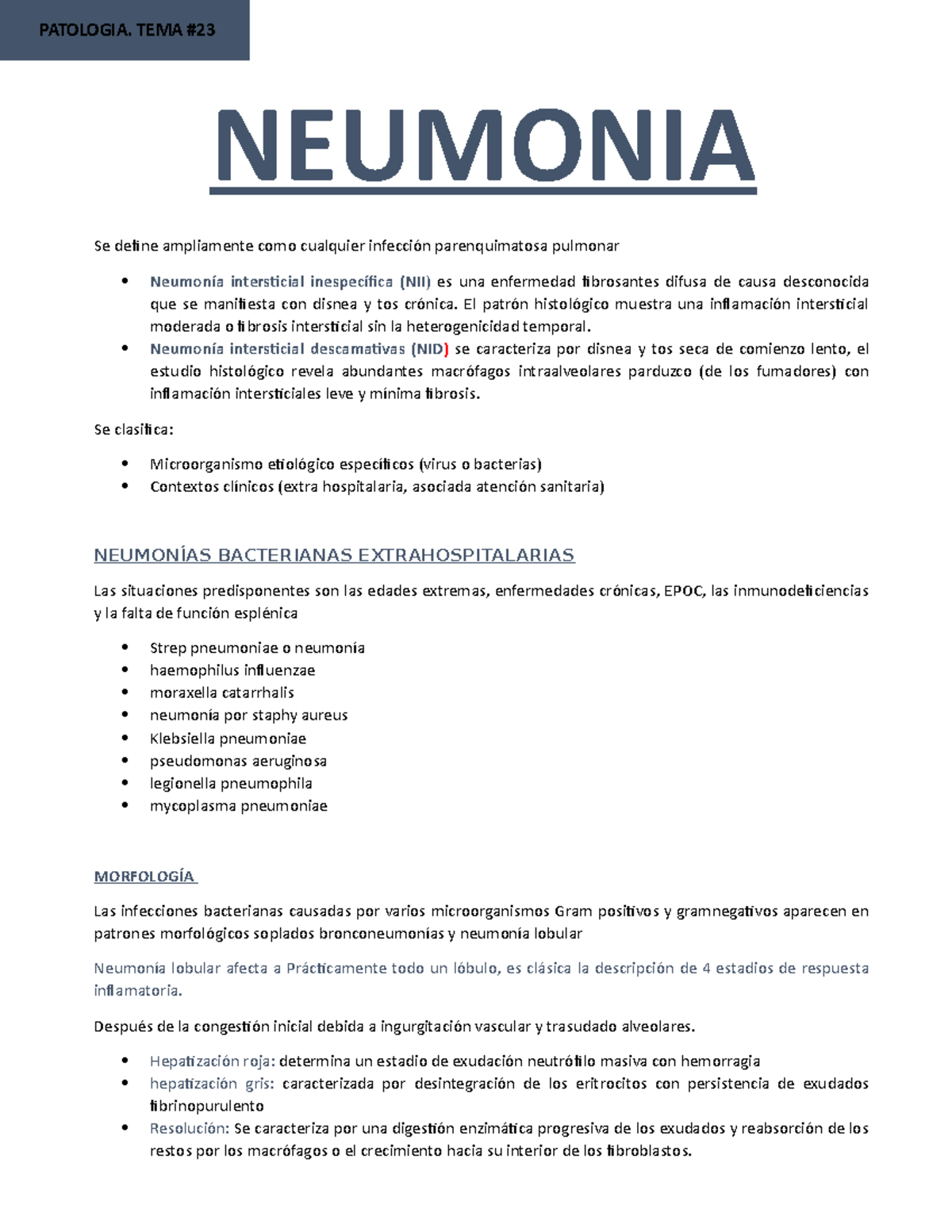 etapas de la neumonia lobar