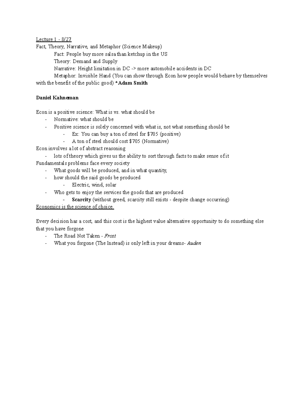 Econ 201 - Assorted Lecture and Discussion Notes - Lecture 1 - 8/ Fact ...