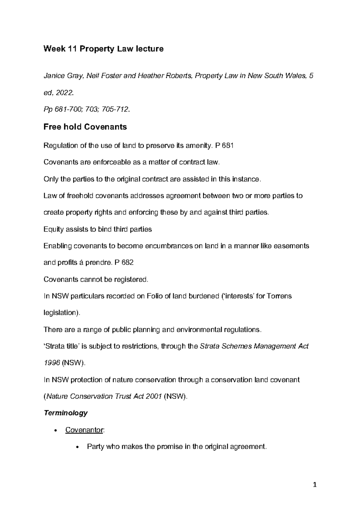 Wk11 Covenants lecture Property Law LLB2220 UOW Studocu