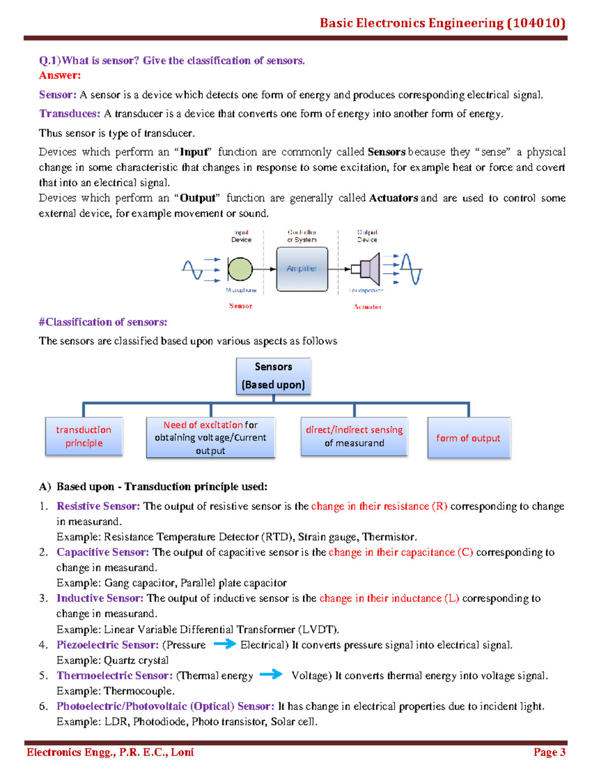 Unitv Notes Q)What is sensor? Give the classification of sensors