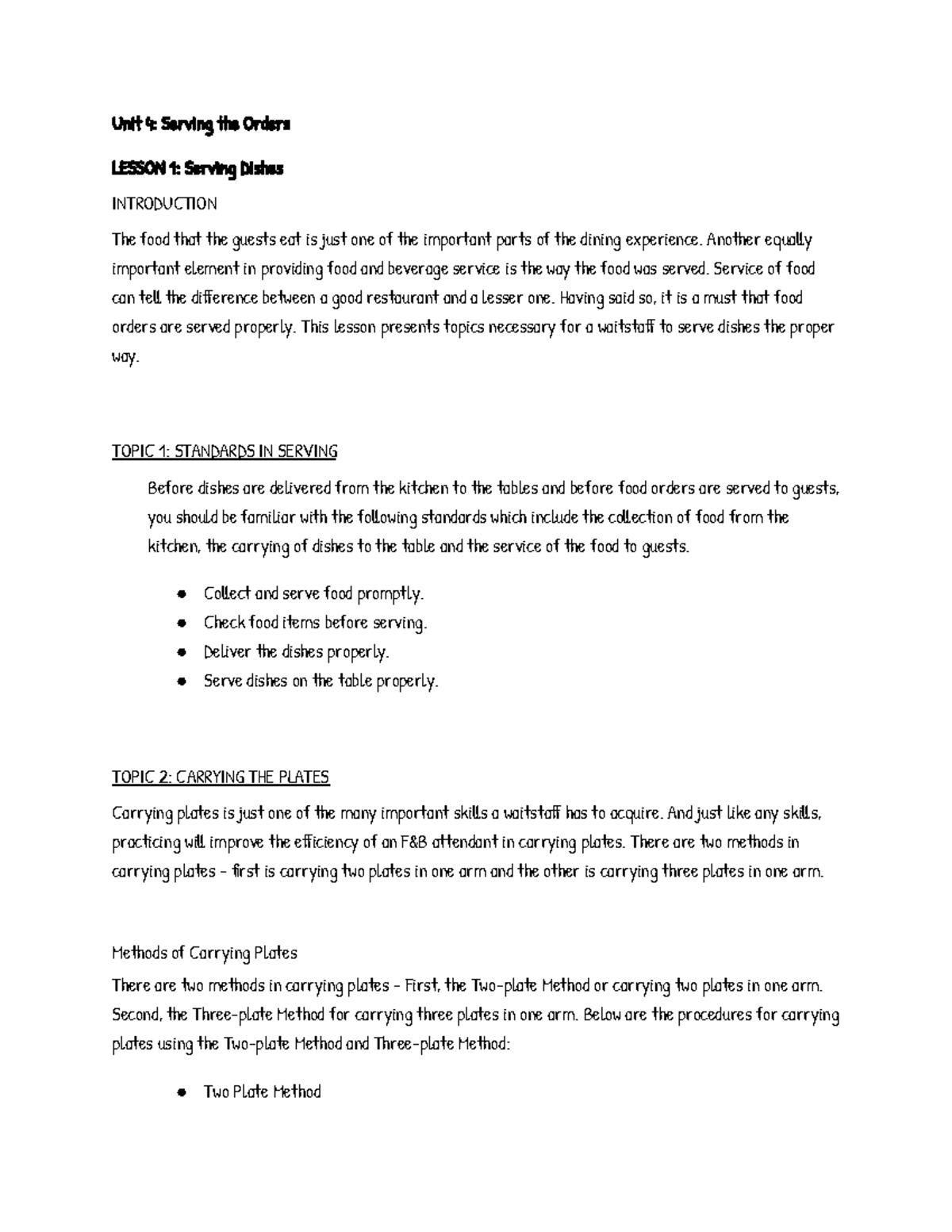 Serving the Orders Providing Table Service Unit 4 Serving the