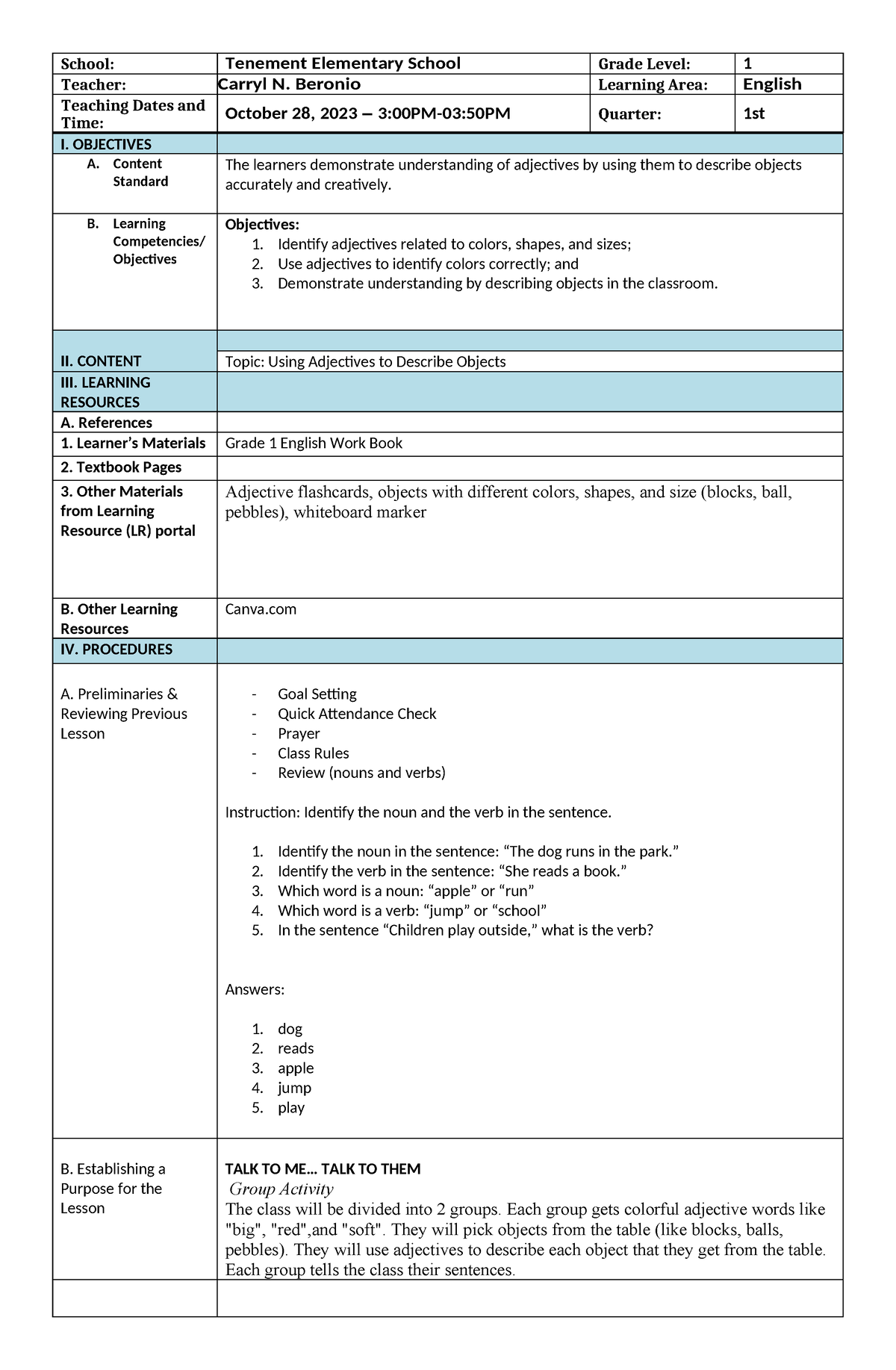 DLP in English 2 - SAMPLE LESSON PLAN - School: Tenement Elementary ...