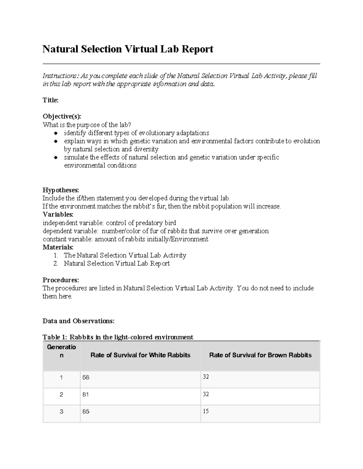 05 02 Natural Selection Lab Report Natural Selection Virtual Lab 05 02 Natural Selection Lab Report Natural Selection Virtual Lab