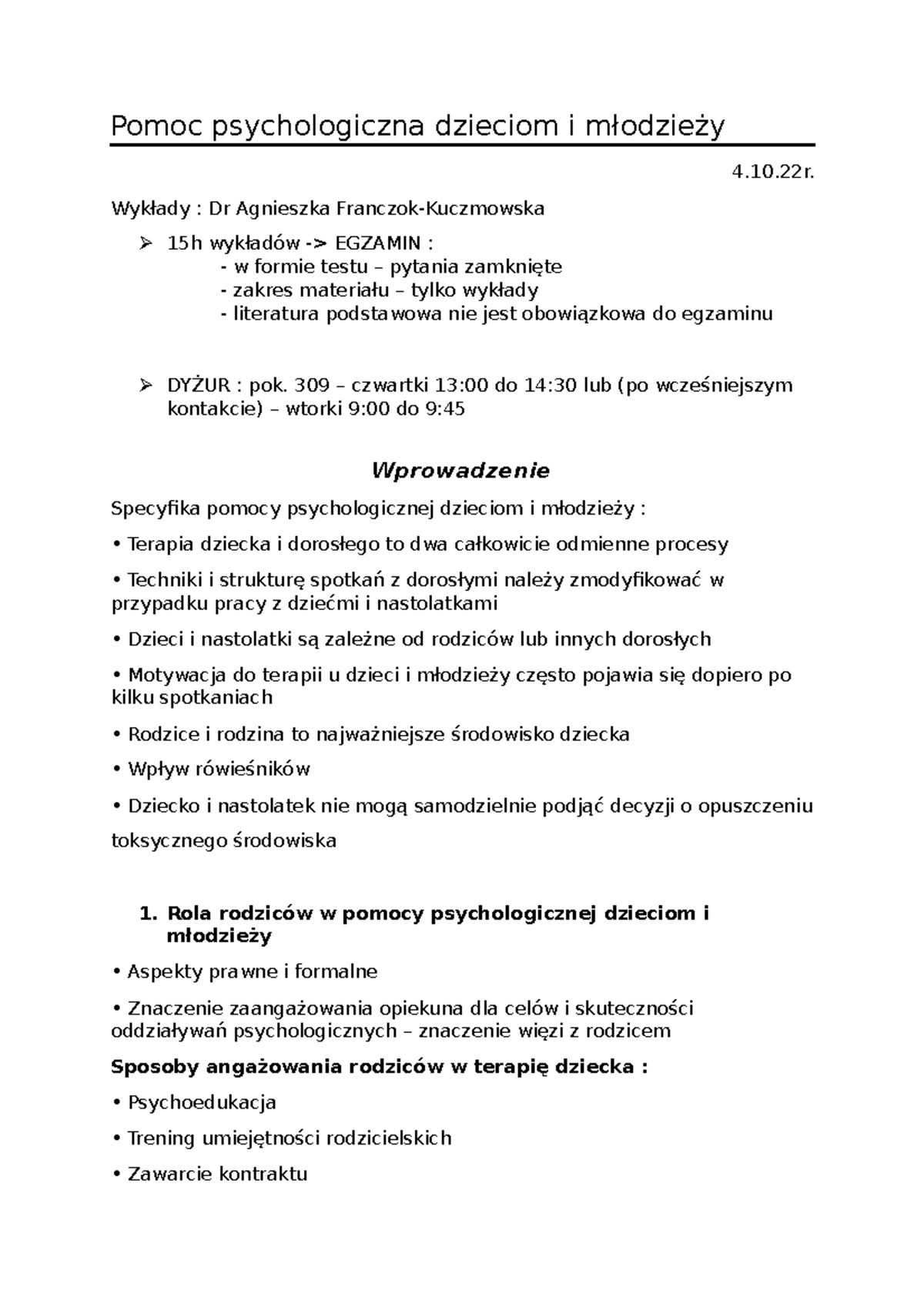 WYKŁADY - Notatki - Pomoc Psychologiczna Dzieciom I Młodzieży 4.10 ...