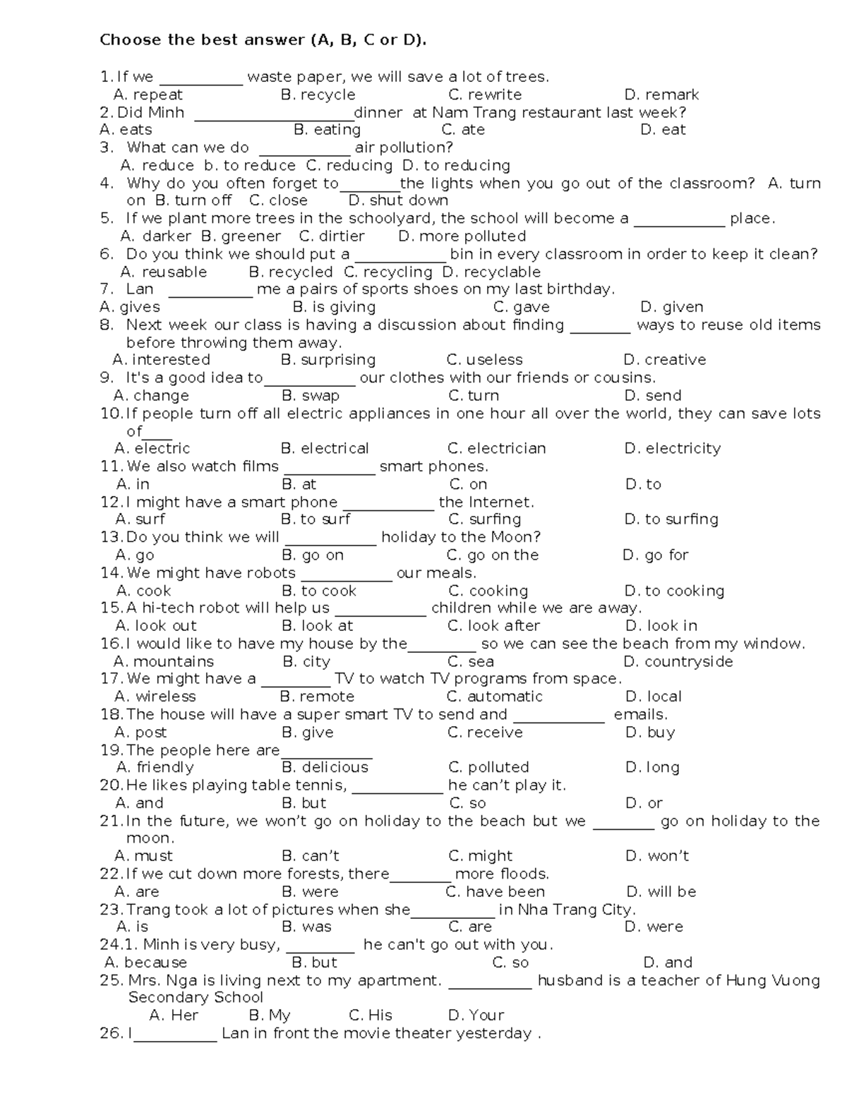 Anh 6 ôn Ky 2 U10 - ôn Tập Anh 6 - Choose The Best Answer (a, B, C Or D 