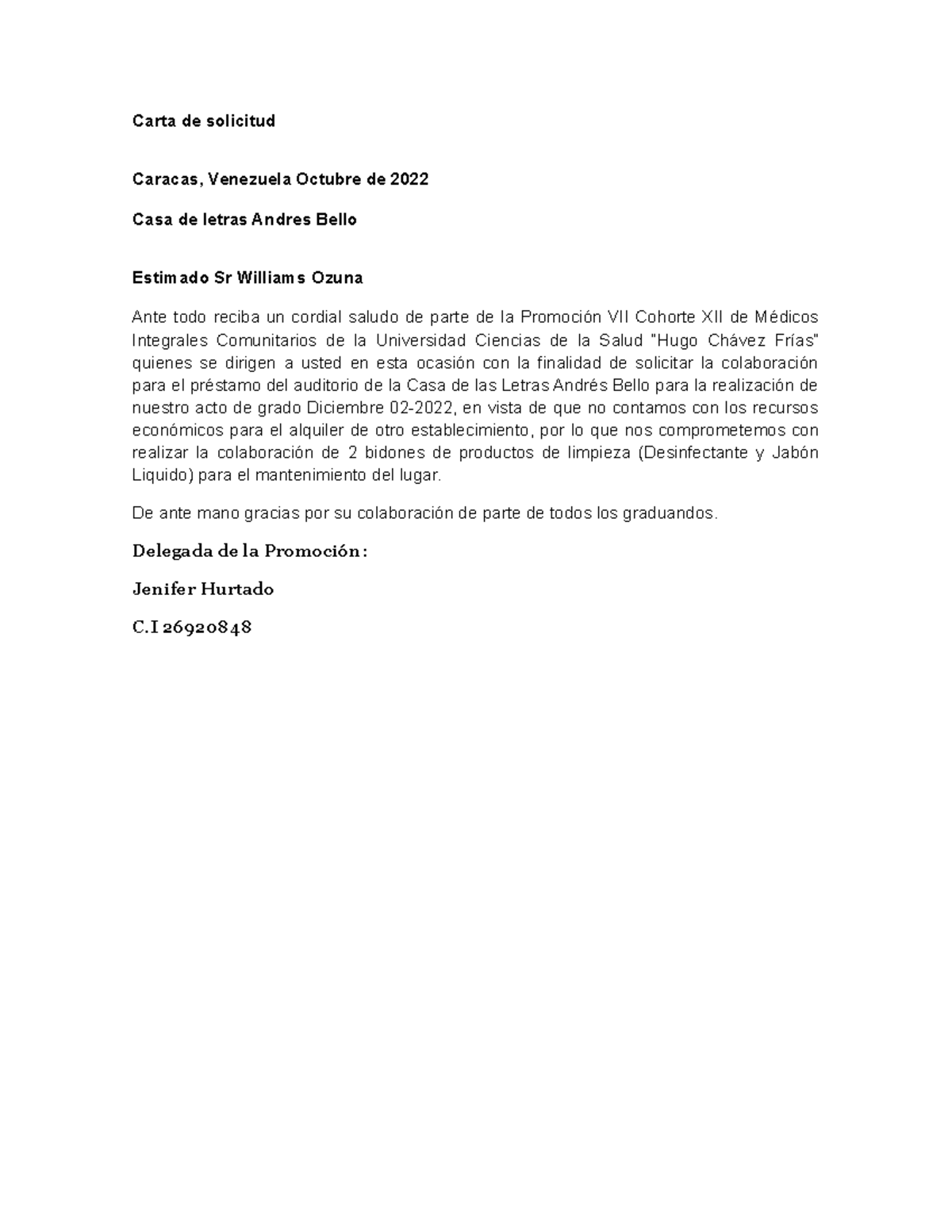 Carta DE Solicitud - Carta de solicitud Caracas, Venezuela Octubre de ...