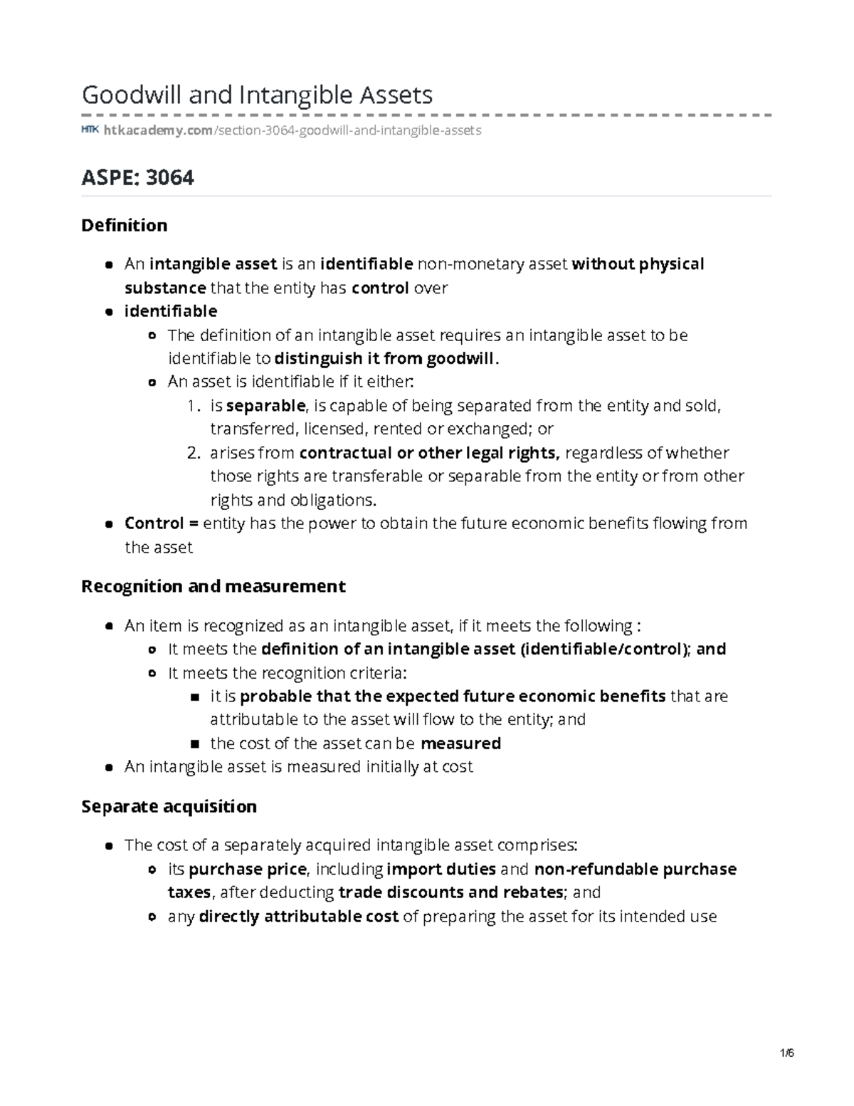 FRGoodwill and IA ASPE 3064 Goodwill and Intangible Assets