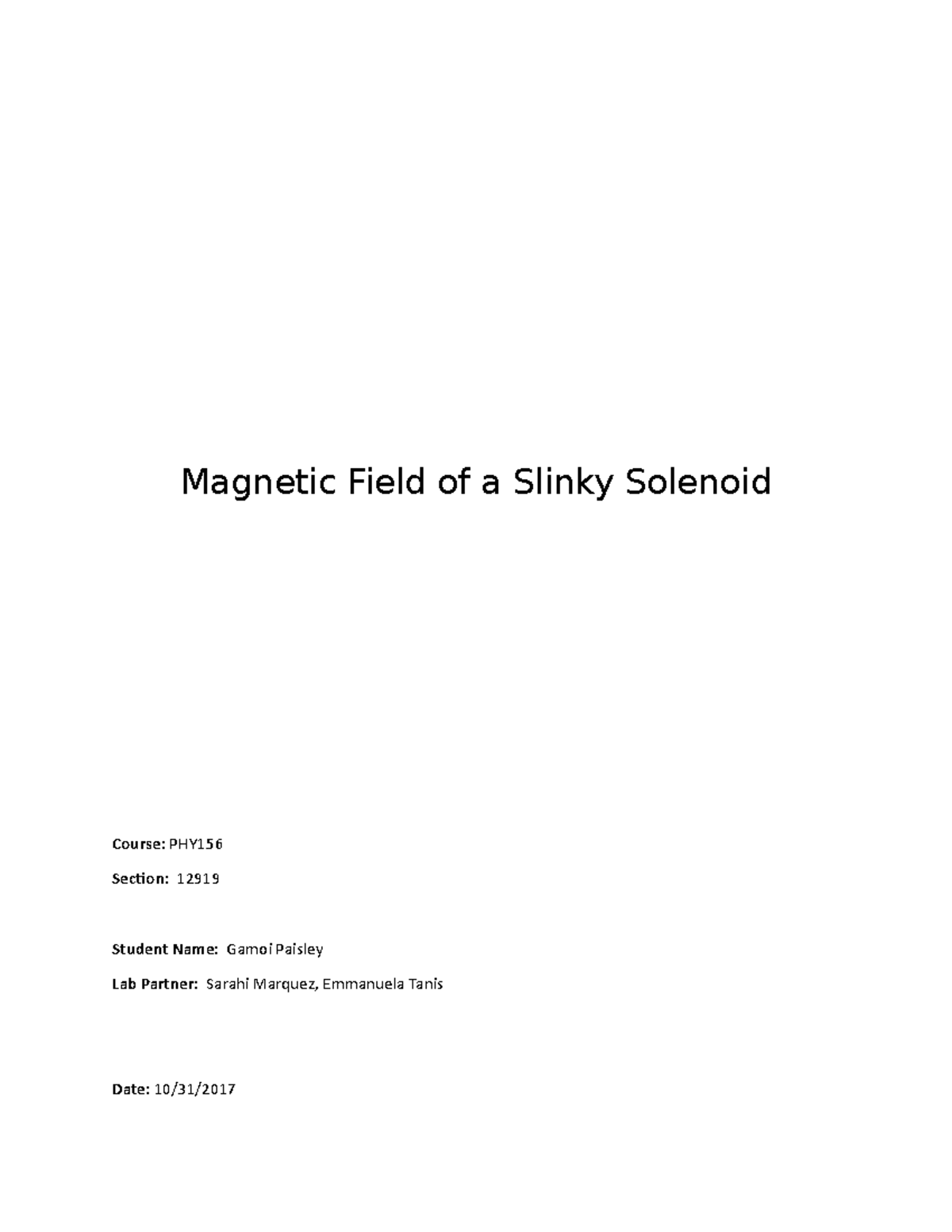 Lab 8 Magnetic Field Of A Slinky Solenoid - Magnetic Field Of A Slinky ...