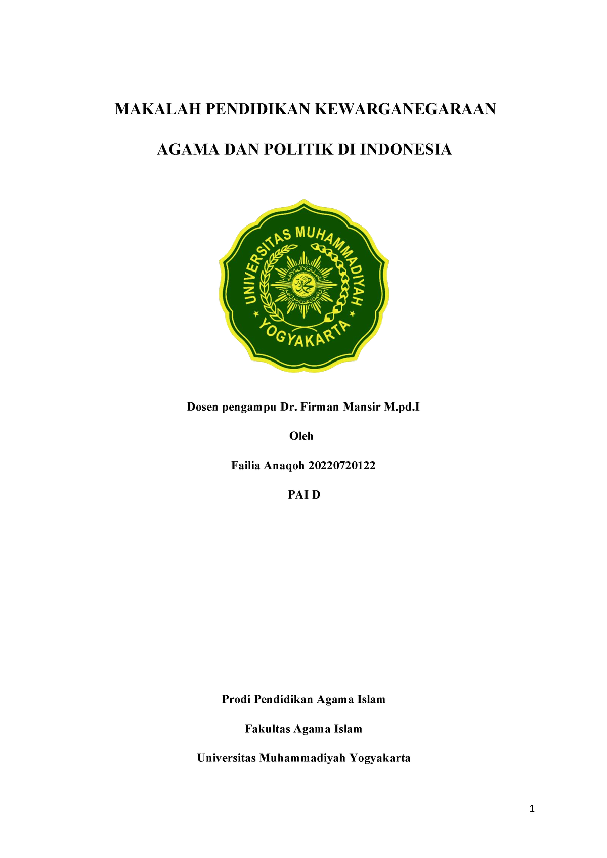 Agama Dan Politik Di Indonesia - MAKALAH PENDIDIKAN KEWARGANEGARAAN A ...