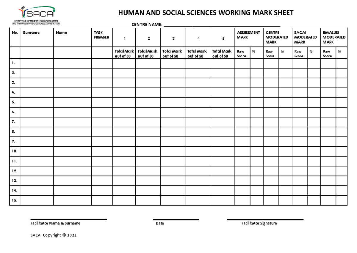 Working Mark sheet - Human and Social Sciences - SACAI Copyright © 2021 ...