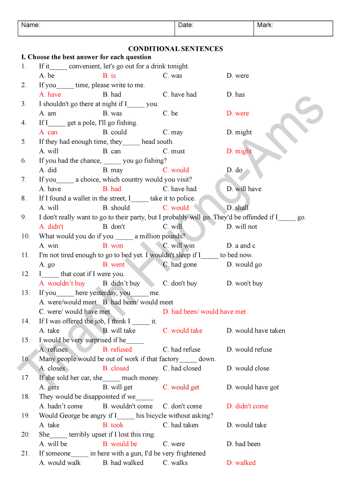 Conditional Sentences - Name: Date: Mark: CONDITIONAL SENTENCES I ...